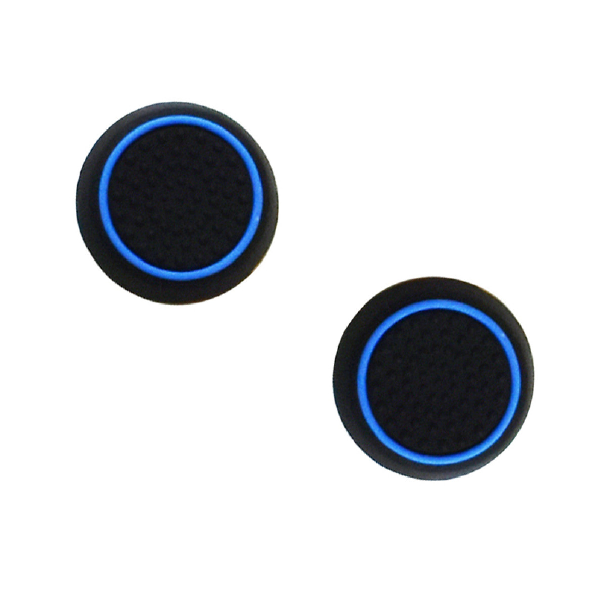 Twee zwarte onderzetters voor bekerhouders met een blauw ringontwerp. De onderzetters zijn rond en getextureerd.