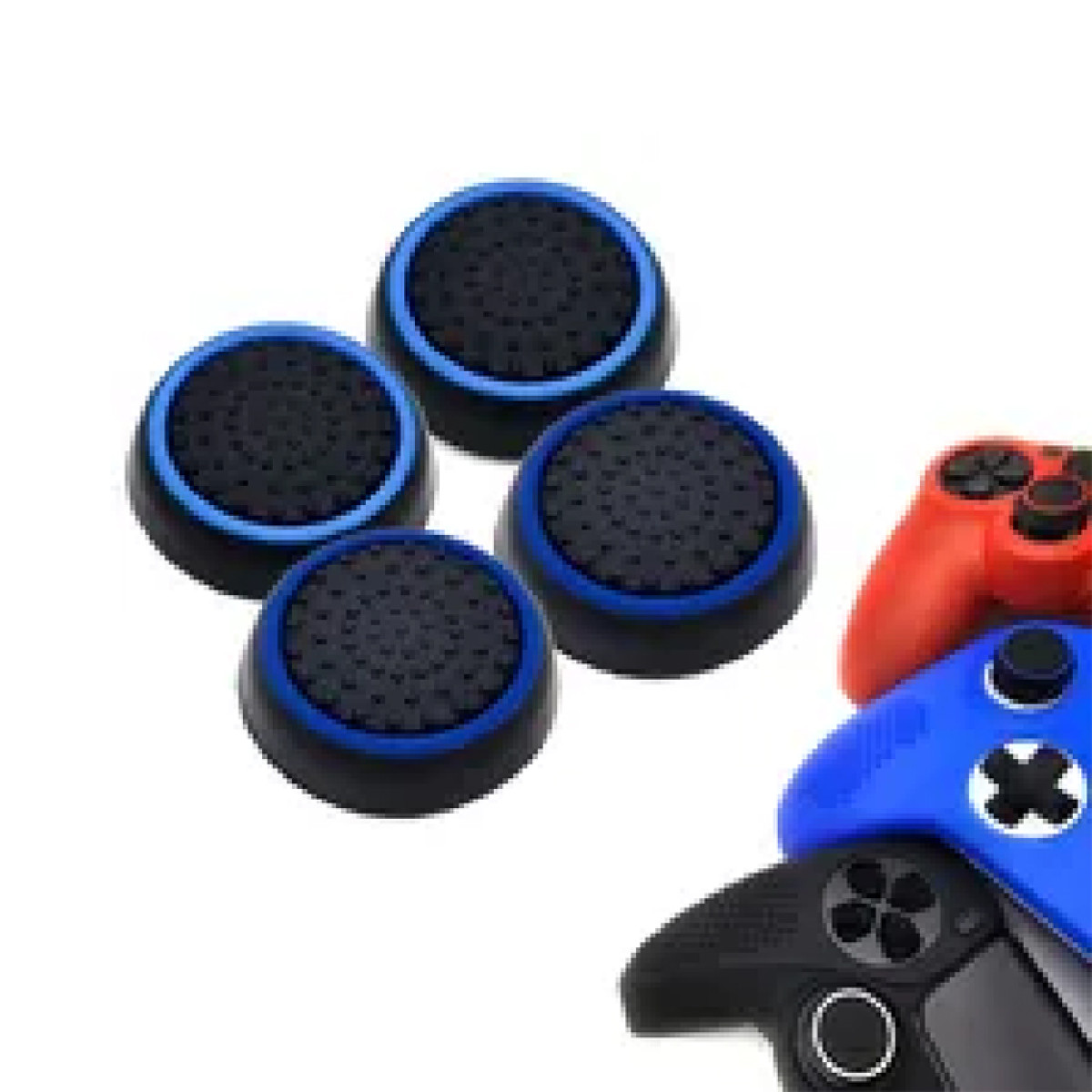 Vier blauwe en zwarte joystickdoppen. Rode en blauwe gamecontrollers zijn zichtbaar.