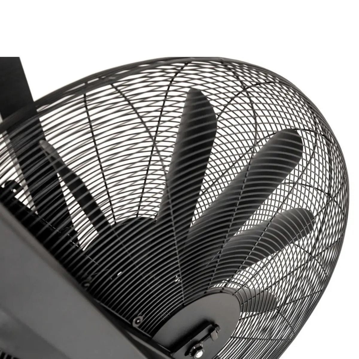 Close-up van een zwarte ventilator, met een beschermende kooi en bladen, geïsoleerd op wit.