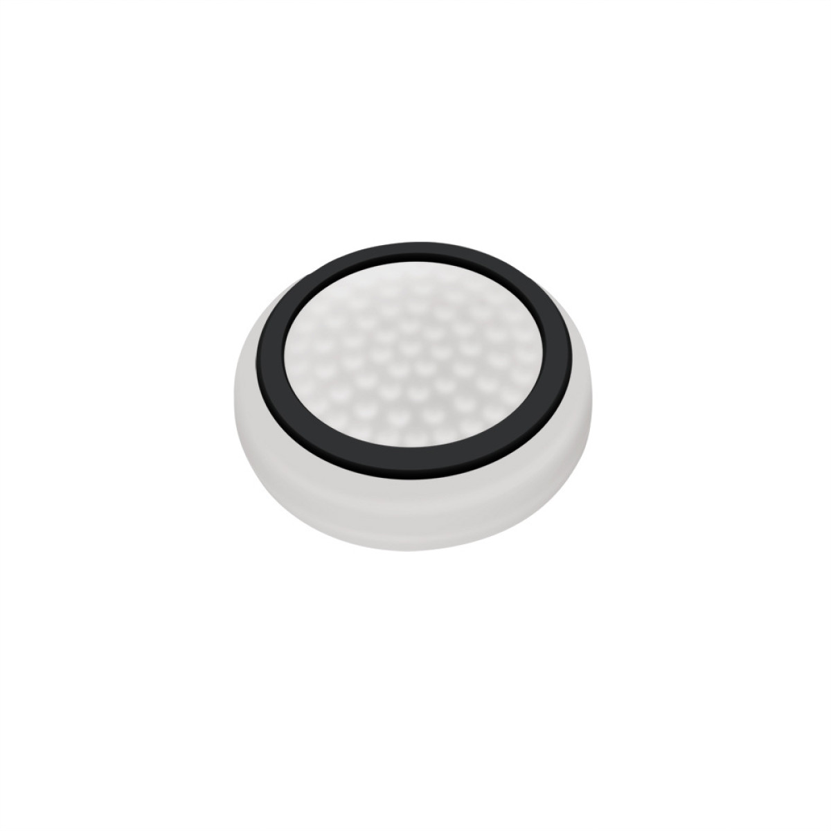 A white and black circular object with a textured surface.
