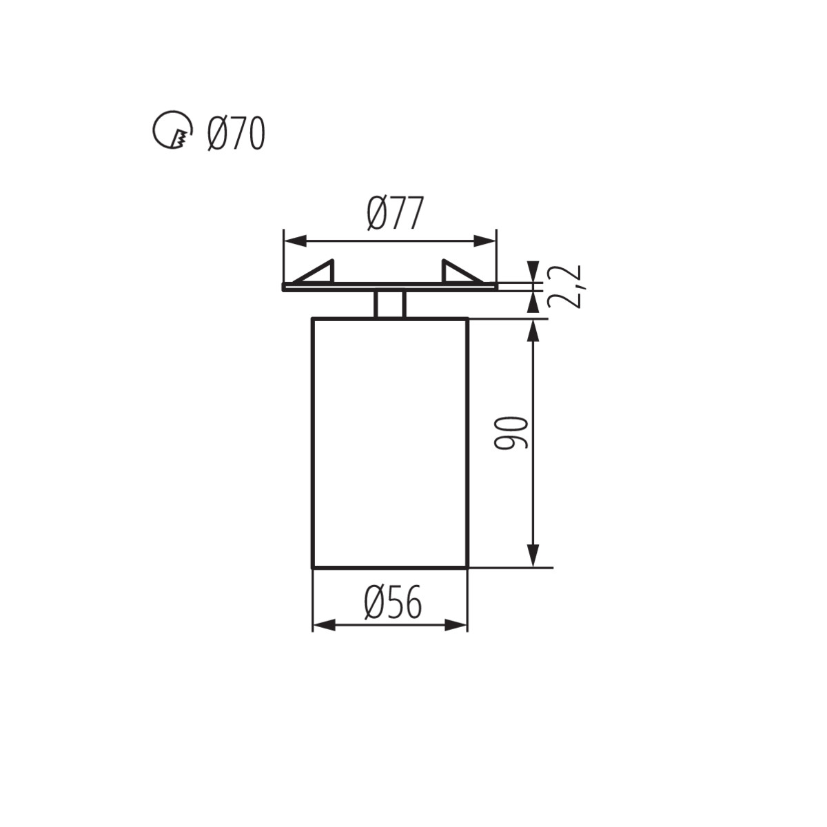 Disegno tecnico con dimensioni: 70, 77, 56, 90 e 2,2. Forme rettangolari e circolari.