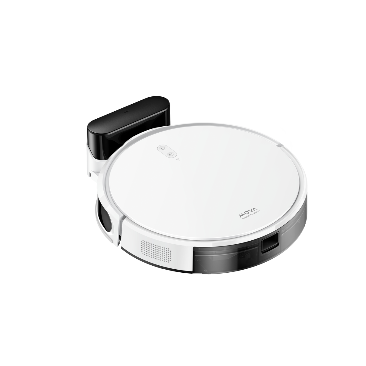 Weißer und schwarzer Roboter-Staubsauger mit Ladestation. Markenname MOVA ist sichtbar.