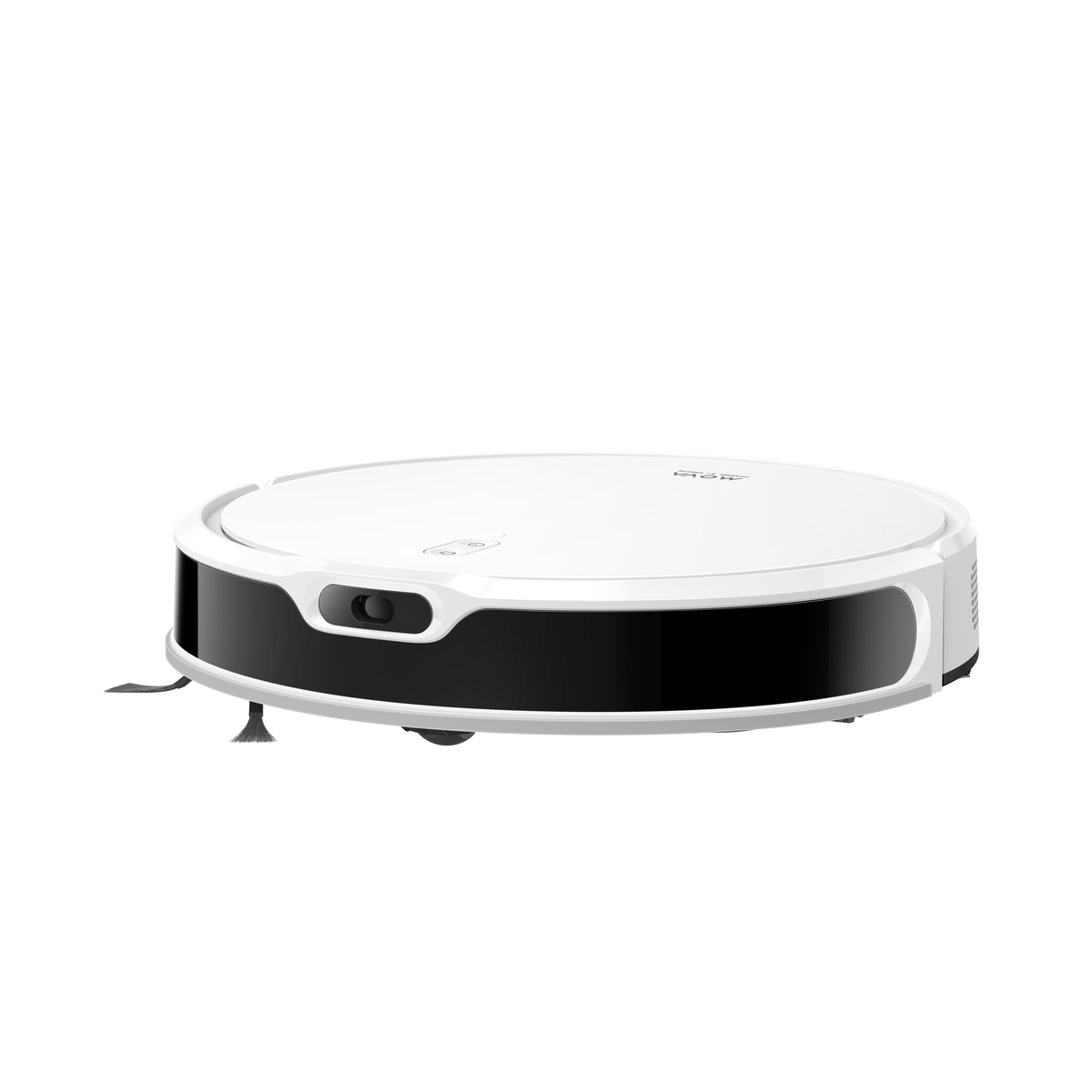 Weißer und schwarzer runder Roboter-Staubsauger auf weißem Hintergrund. Er hat eine Kamera und Bürsten.
