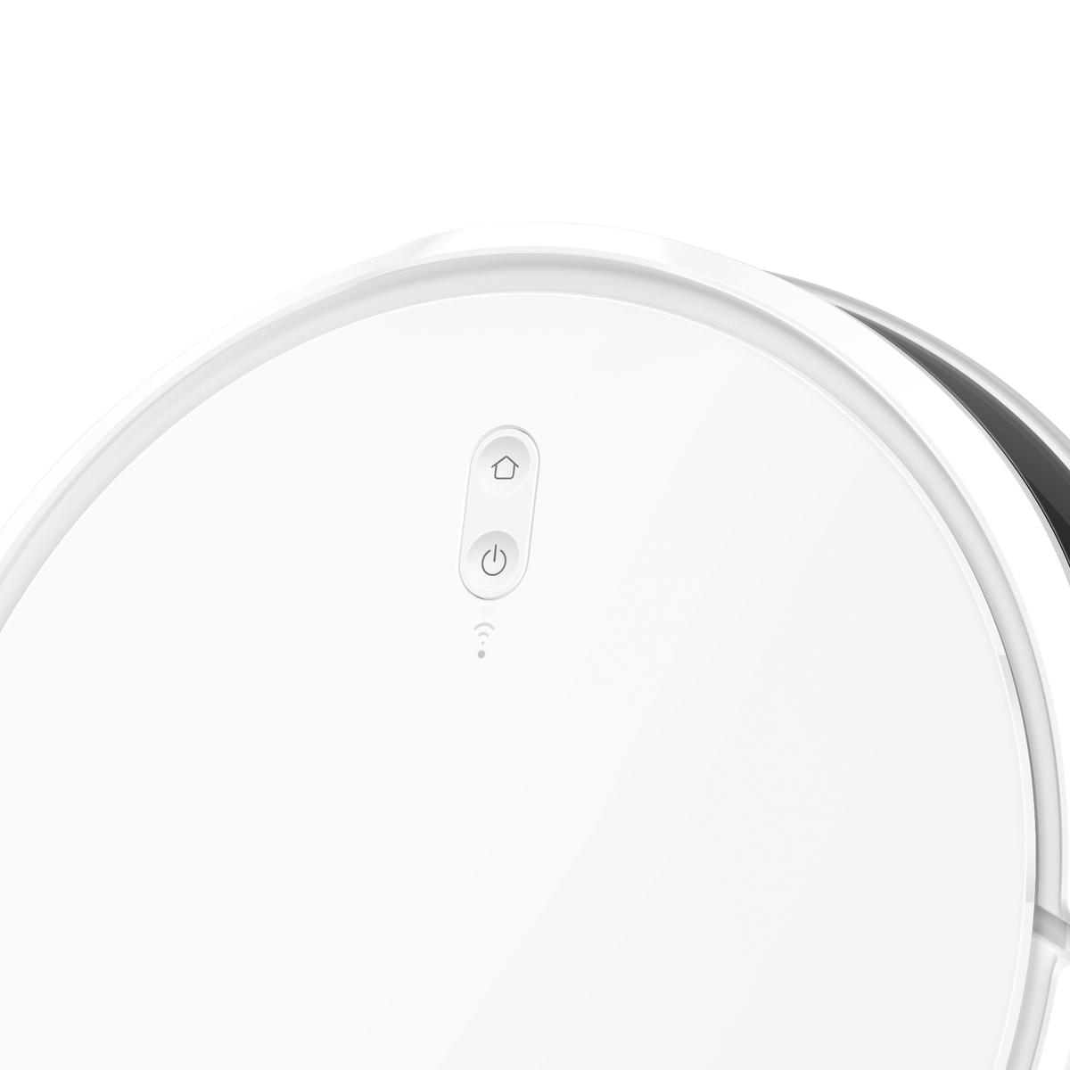Nahaufnahme eines weißen Roboter-Staubsaugers, der die Ein-/Aus- und Home-Tasten sowie eine Wi-Fi-Anzeige zeigt.