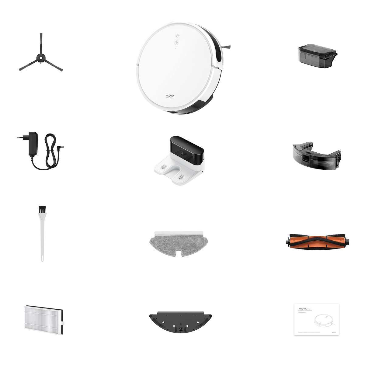 Roboter-Staubsauger-Teile: Ständer, Staubsauger, Mülleimer, Ladegerät, Basis, Bürsten, Filter, Mopp und Reinigungsbürste. Weißer Hintergrund.