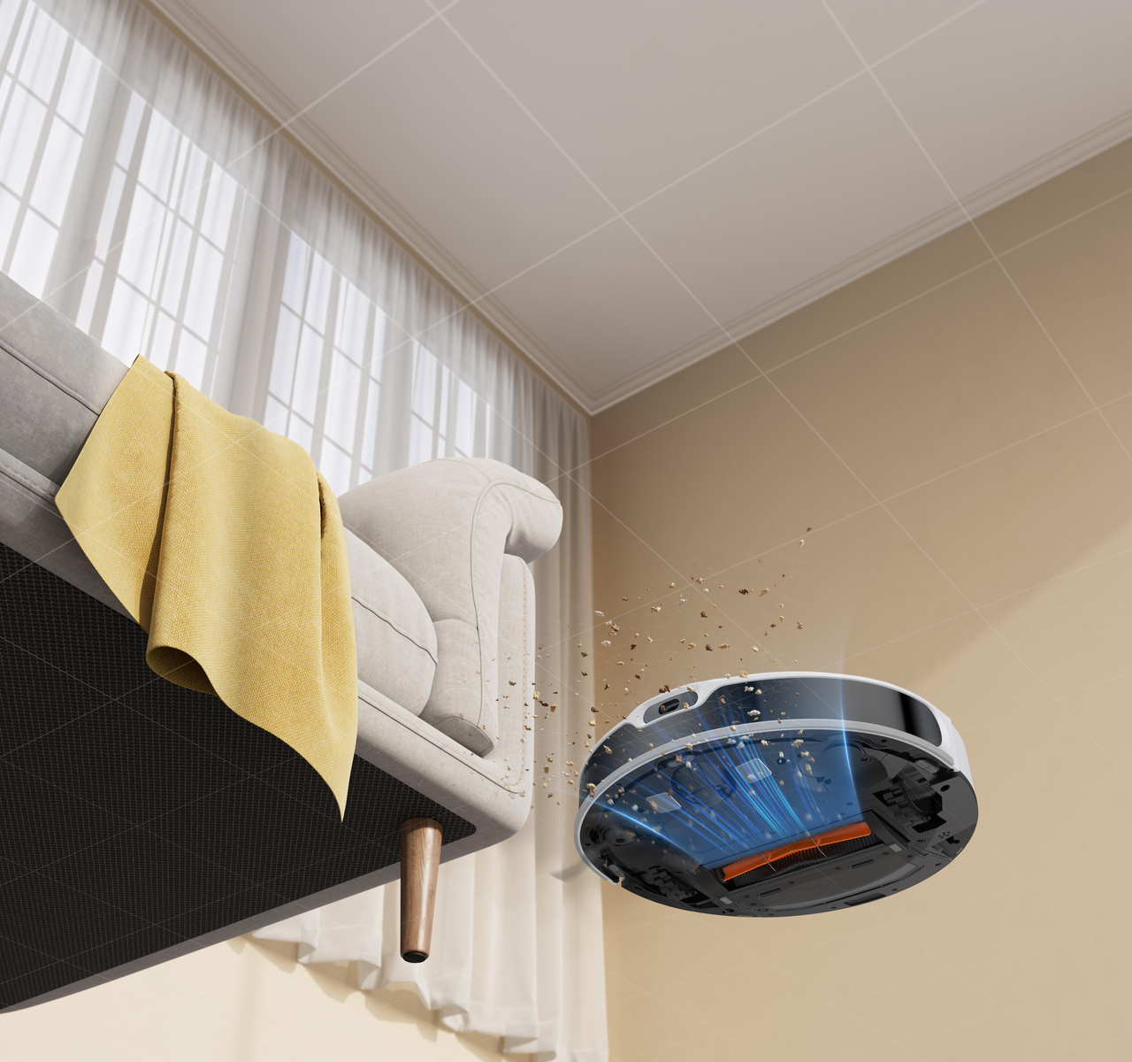 Roboter-Staubsauger reinigt neben einem Sofa, Staubpartikel in der Luft.