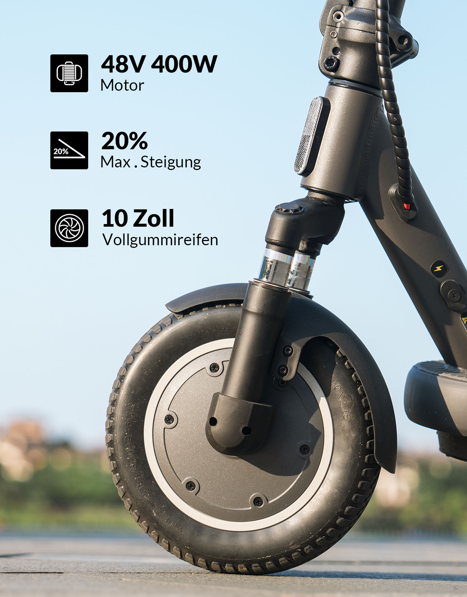 Ein Elektroroller mit Details: 48V 400W Motor, 20% max. Steigung und 10-Zoll-Reifen.