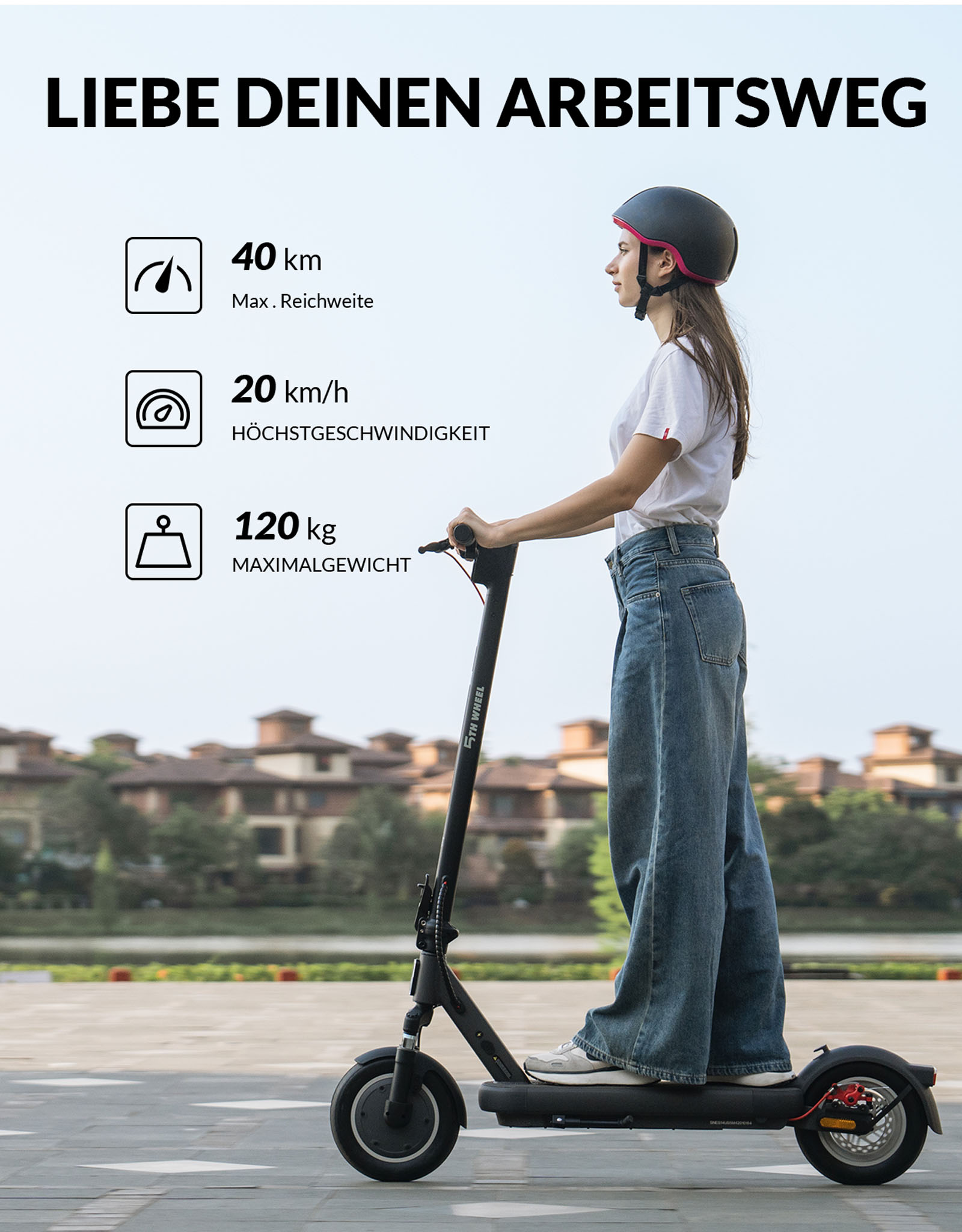 Frau fährt einen schwarzen E-Roller. Text zeigt 40 km Reichweite, 20 km/h Höchstgeschwindigkeit und 120 kg max. Gewicht.