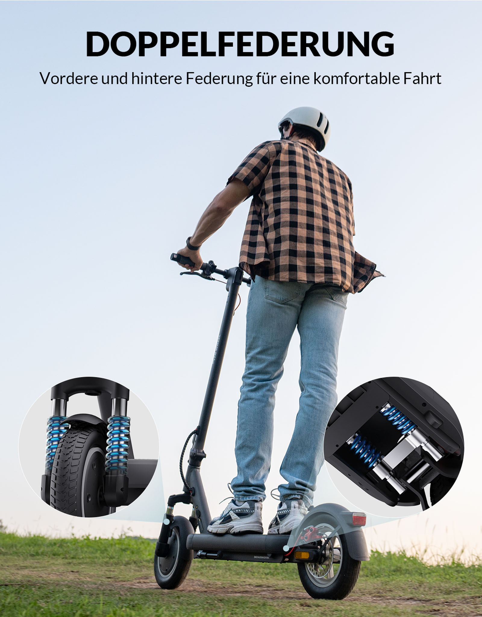 Ein Mann fährt mit einem Roller auf einer Wiese, mit Nahaufnahmen der Vorder- und Hinterradaufhängung des Rollers.