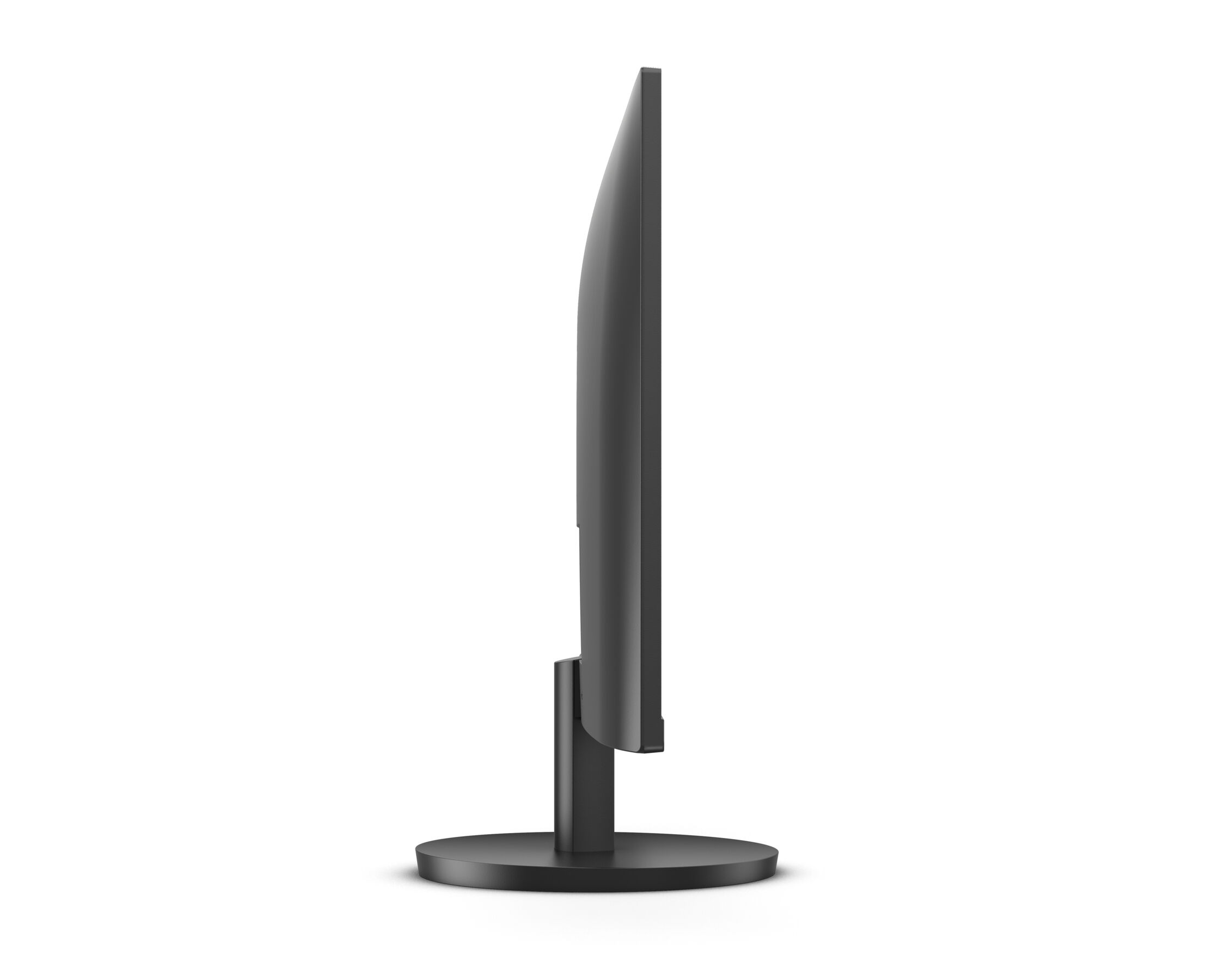 Moniteur d'ordinateur noir, vue latérale, sur un support noir, fond blanc.