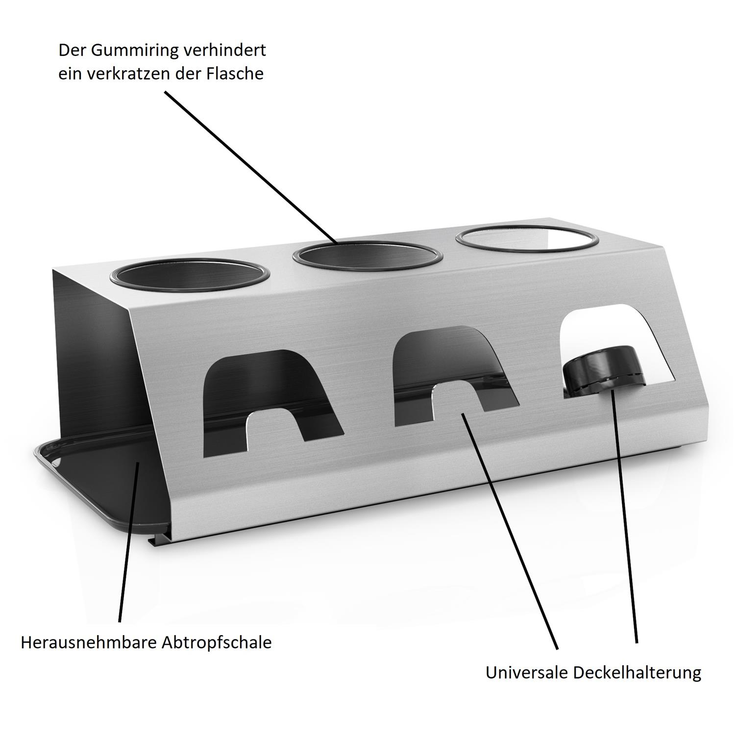 Silberner Gewürzhalter mit drei Öffnungen und einem herausnehmbaren Tablett.
