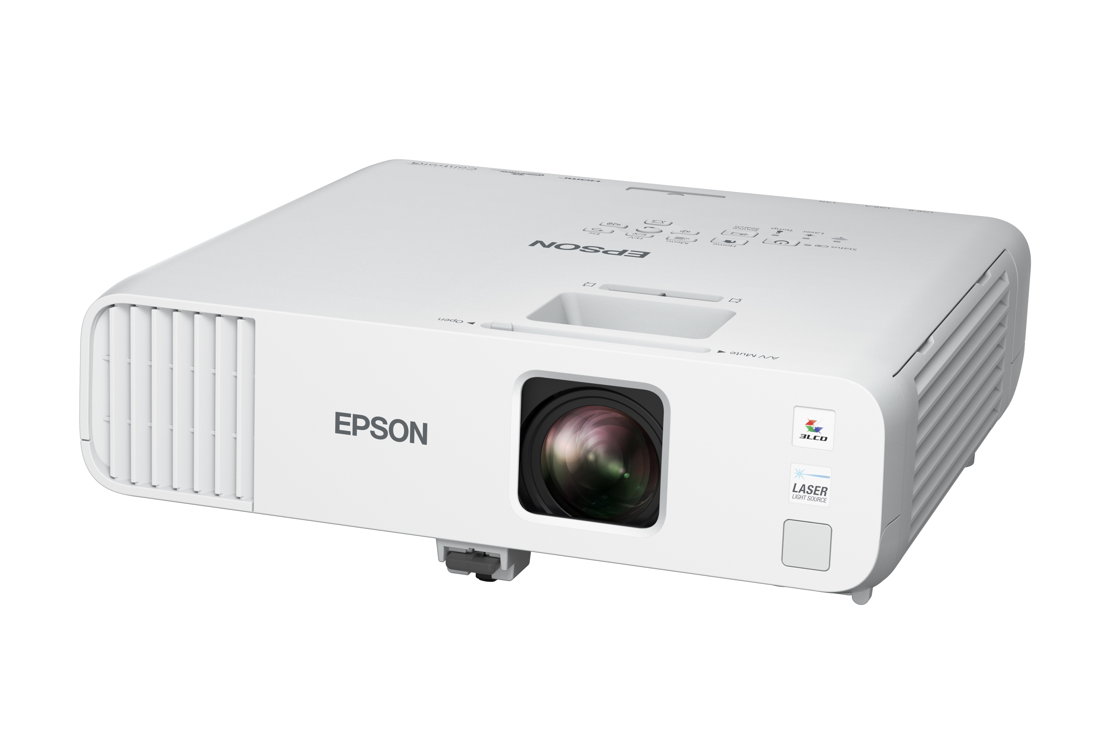 Projecteur Epson blanc avec objectif, boutons et aérations. Le bouchon d'objectif noir est en place. Fond blanc.