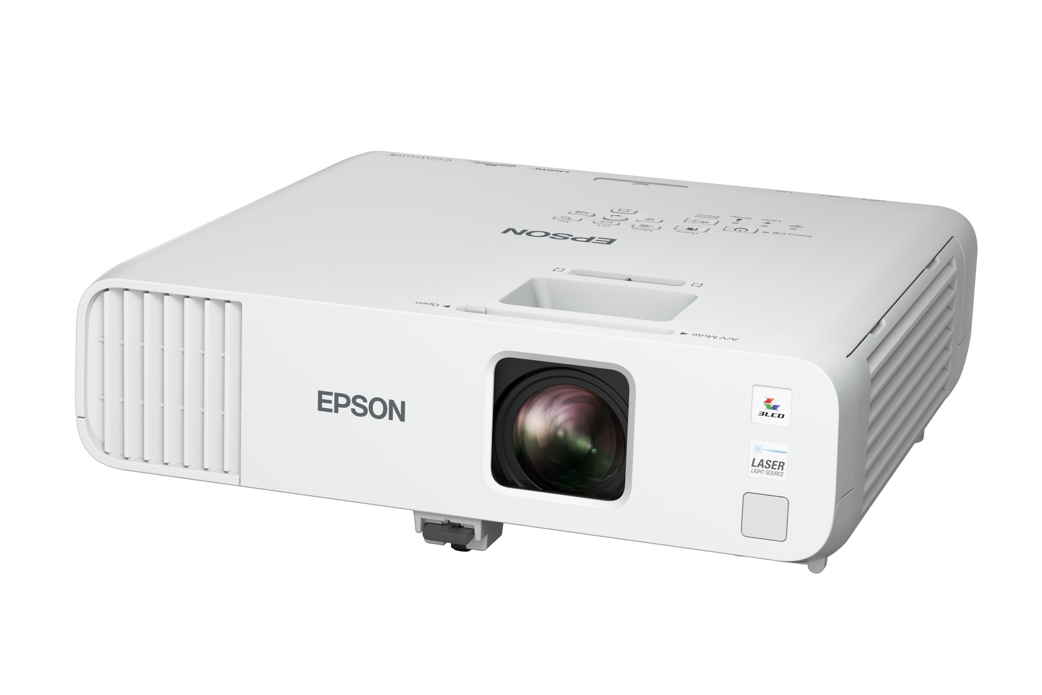 Projecteur Epson blanc avec objectif noir. Il est sur un fond blanc.