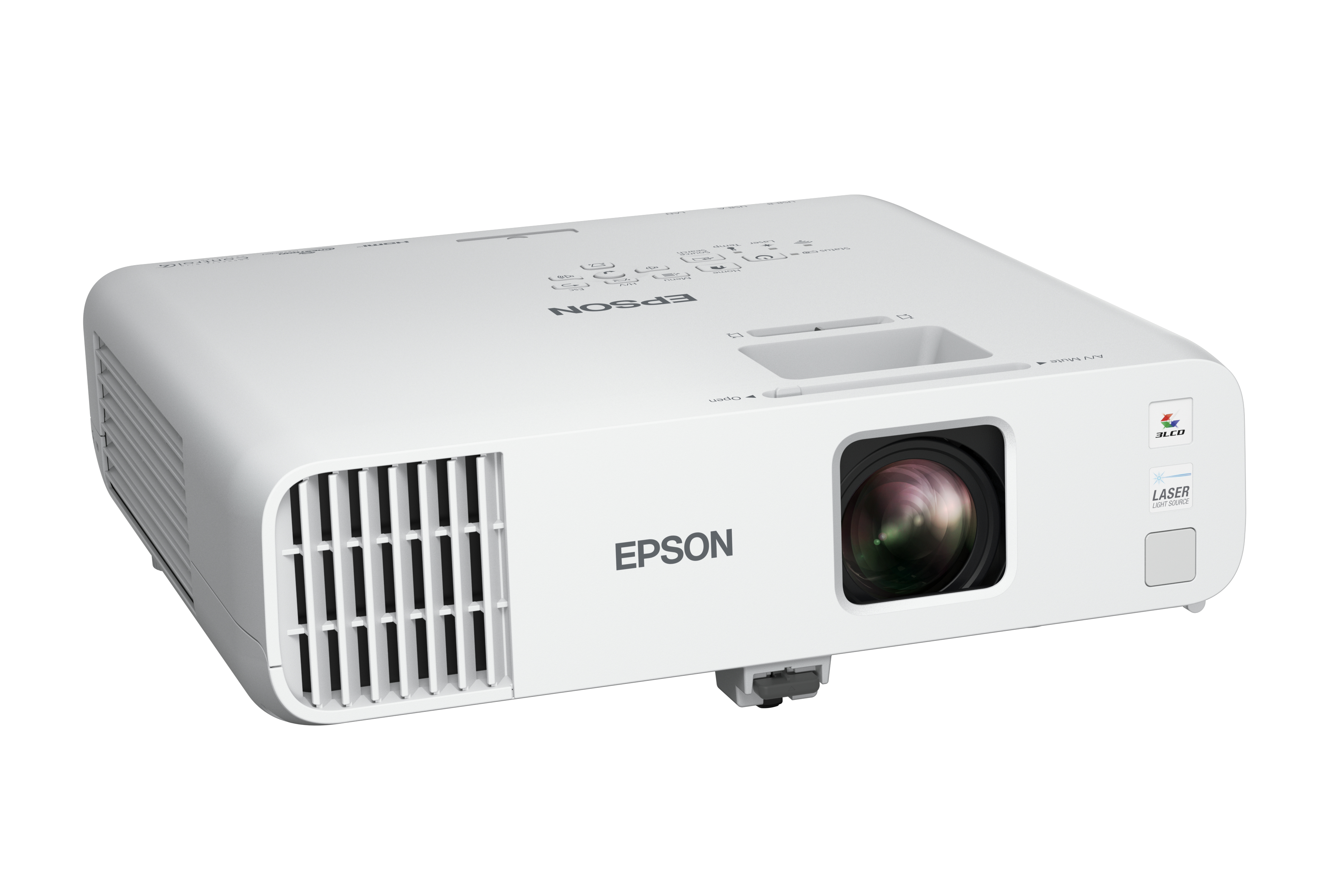 Projecteur Epson blanc, vue en angle, montrant l'objectif et la ventilation.