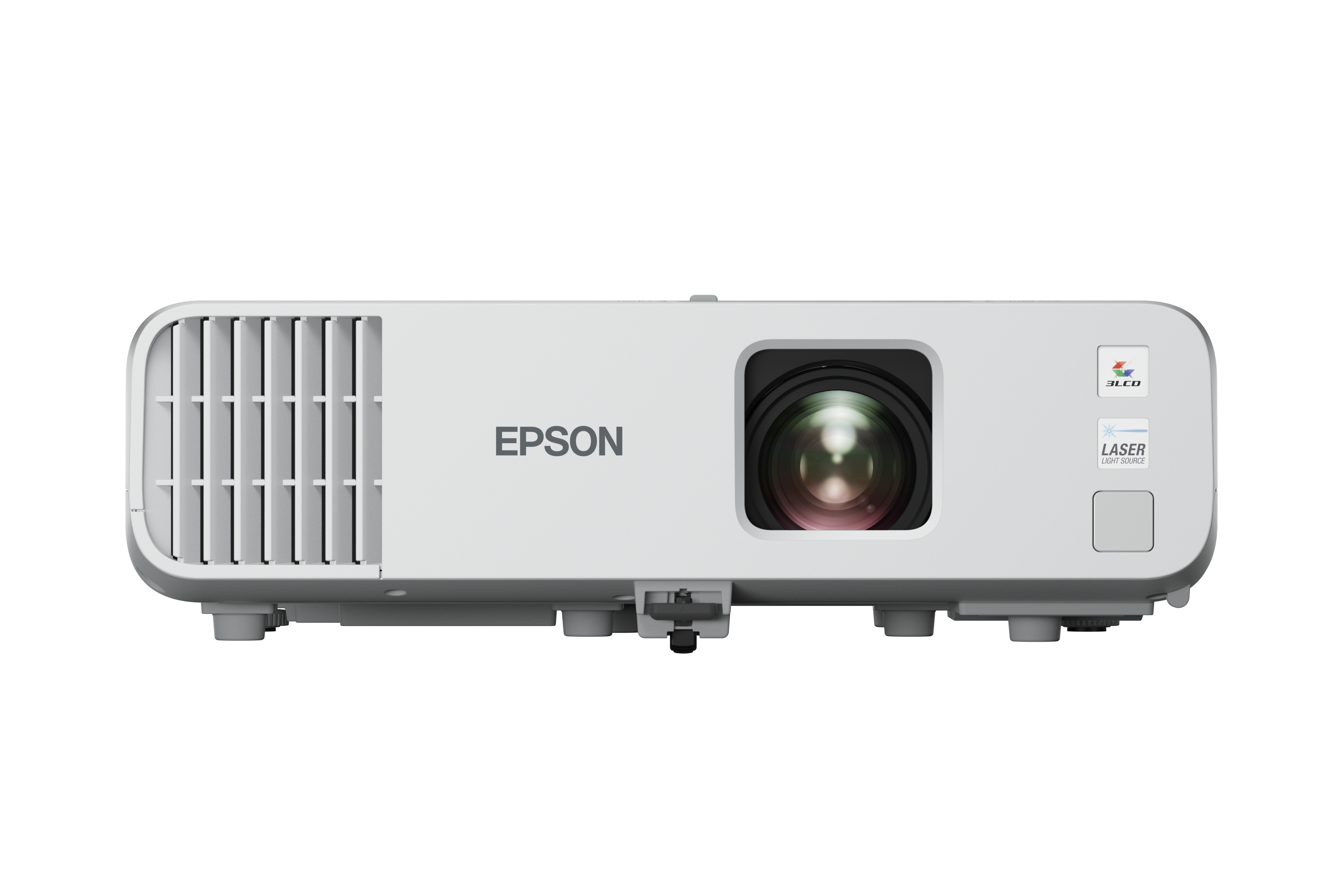 Un projecteur EPSON blanc. Il possède un objectif, une ventilation et des boutons de commande. La marque est clairement visible.