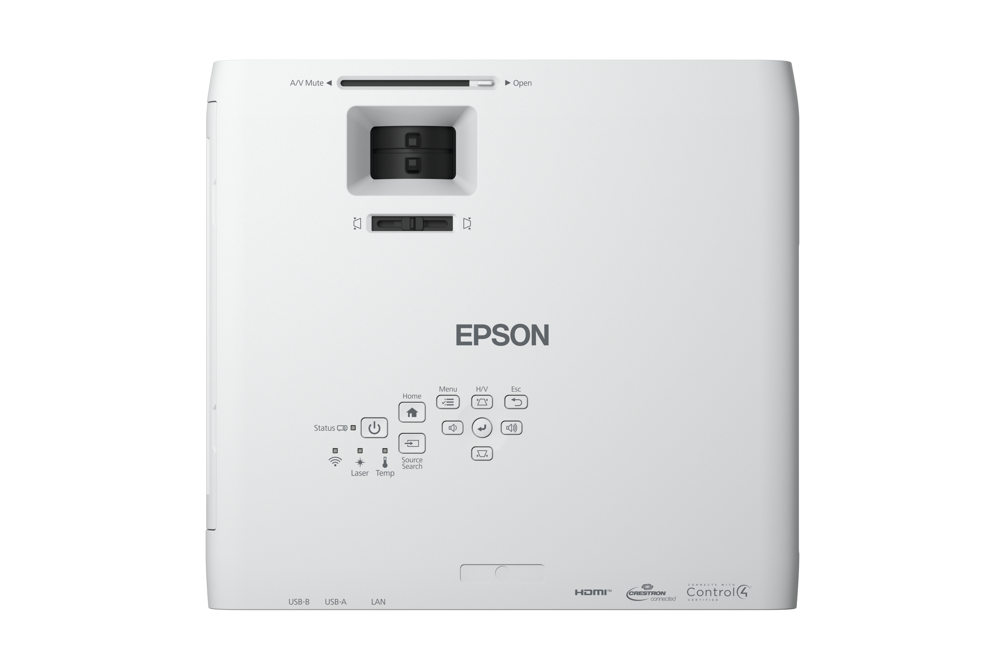 Projecteur Epson blanc, vue de dessus, avec boutons de commande, ports et le logo EPSON. Fond blanc.