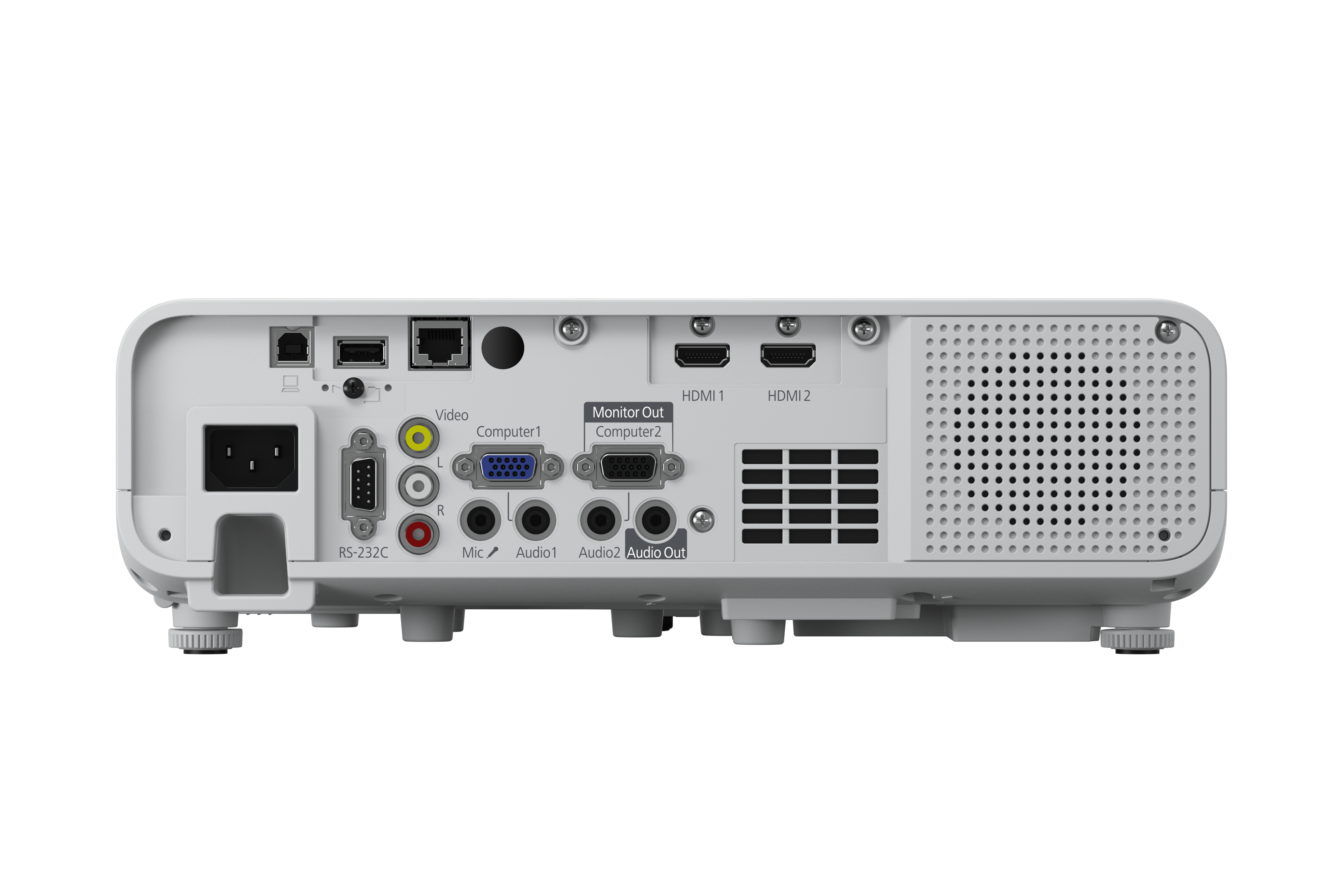 L'arrière d'un projecteur blanc avec divers ports et connexions.