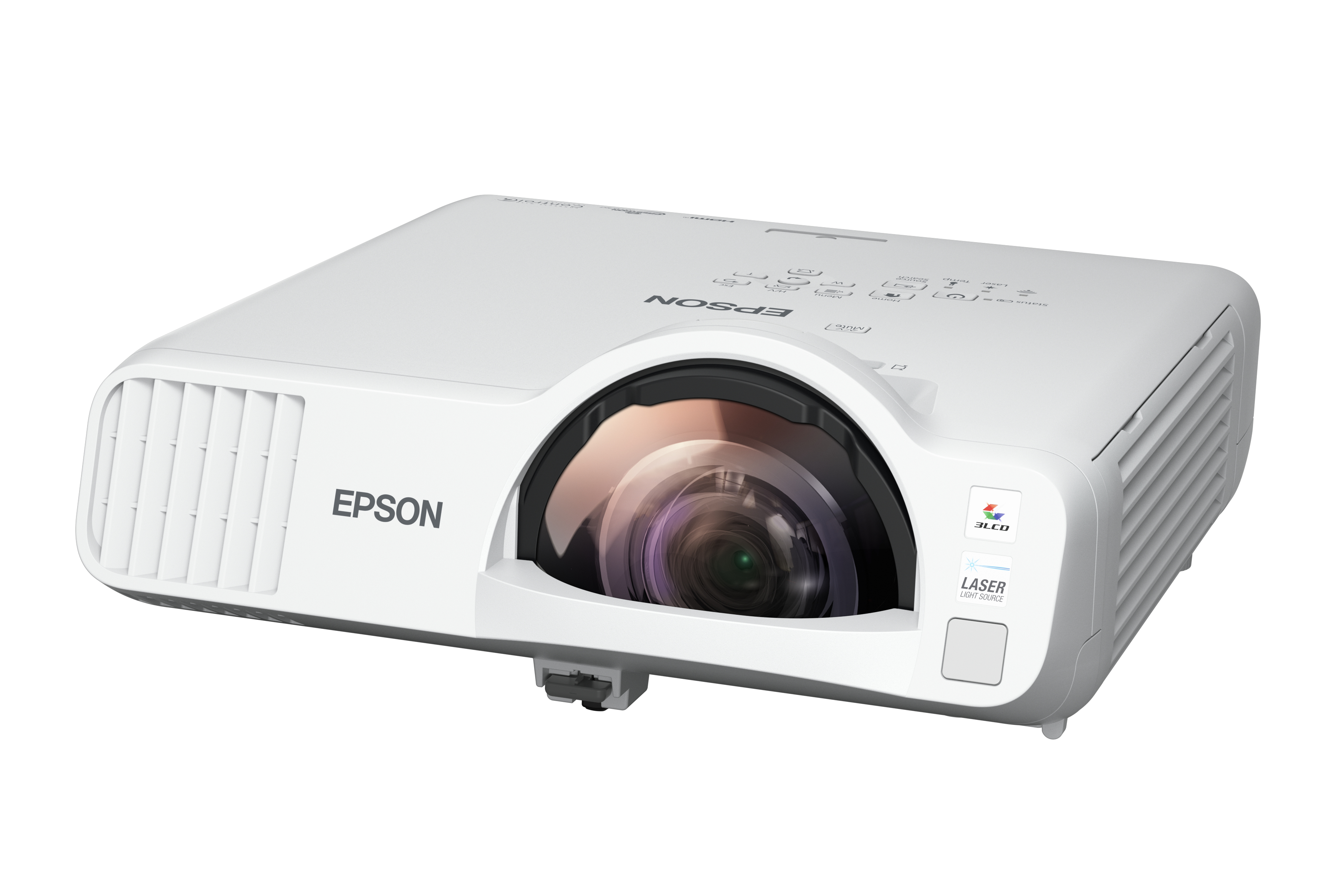 Un proiettore Epson bianco con lente e apertura della luce.
