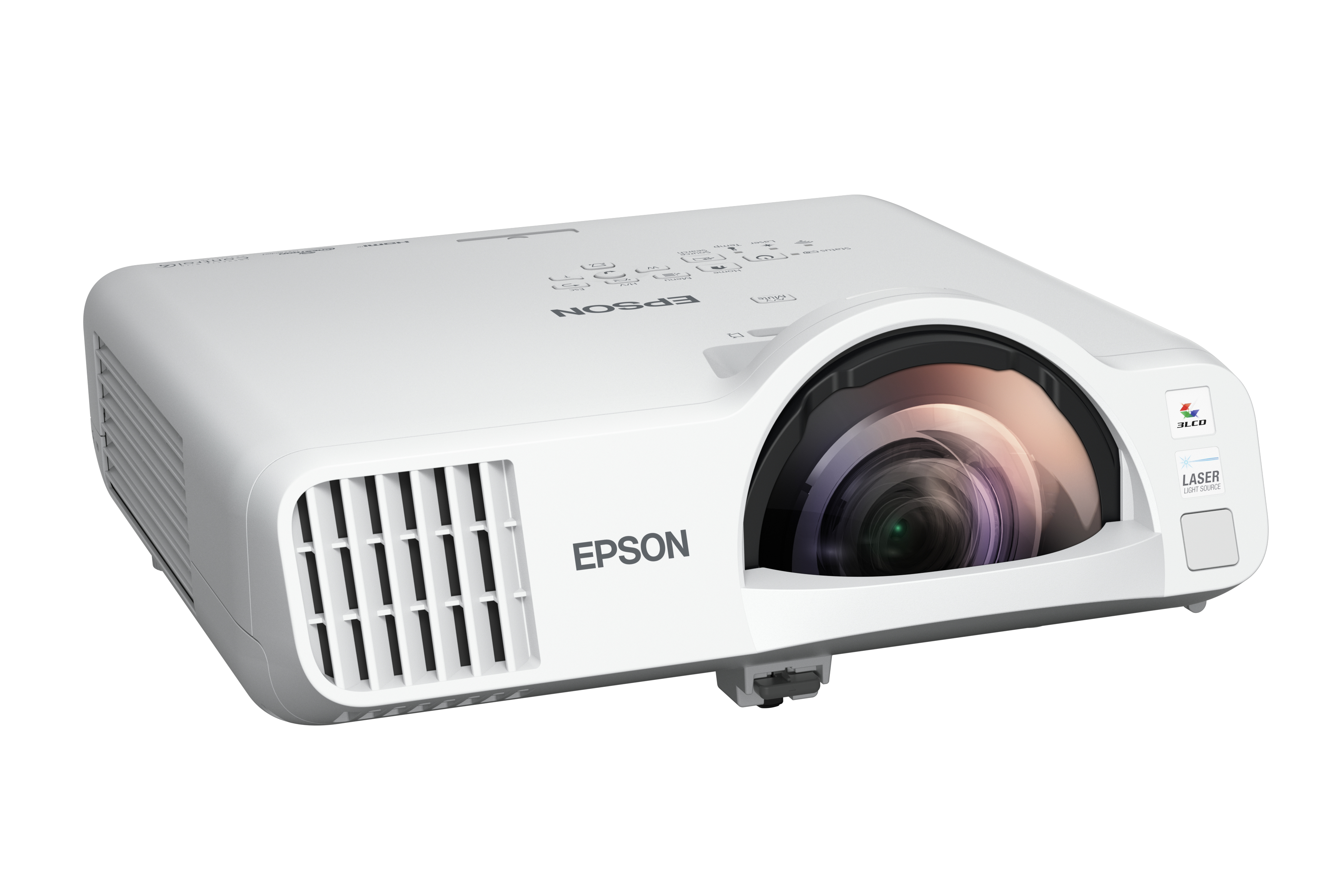 Proiettore Epson bianco con lente, prese d'aria e logo Epson.