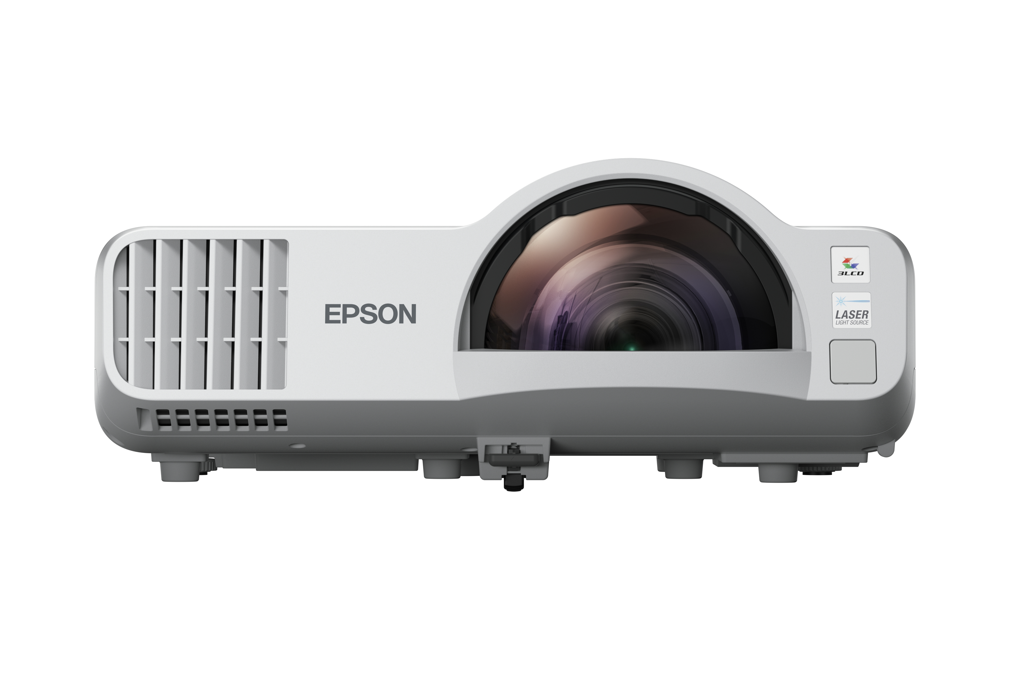 Un proiettore Epson bianco con obiettivo e il marchio visibili su sfondo bianco.