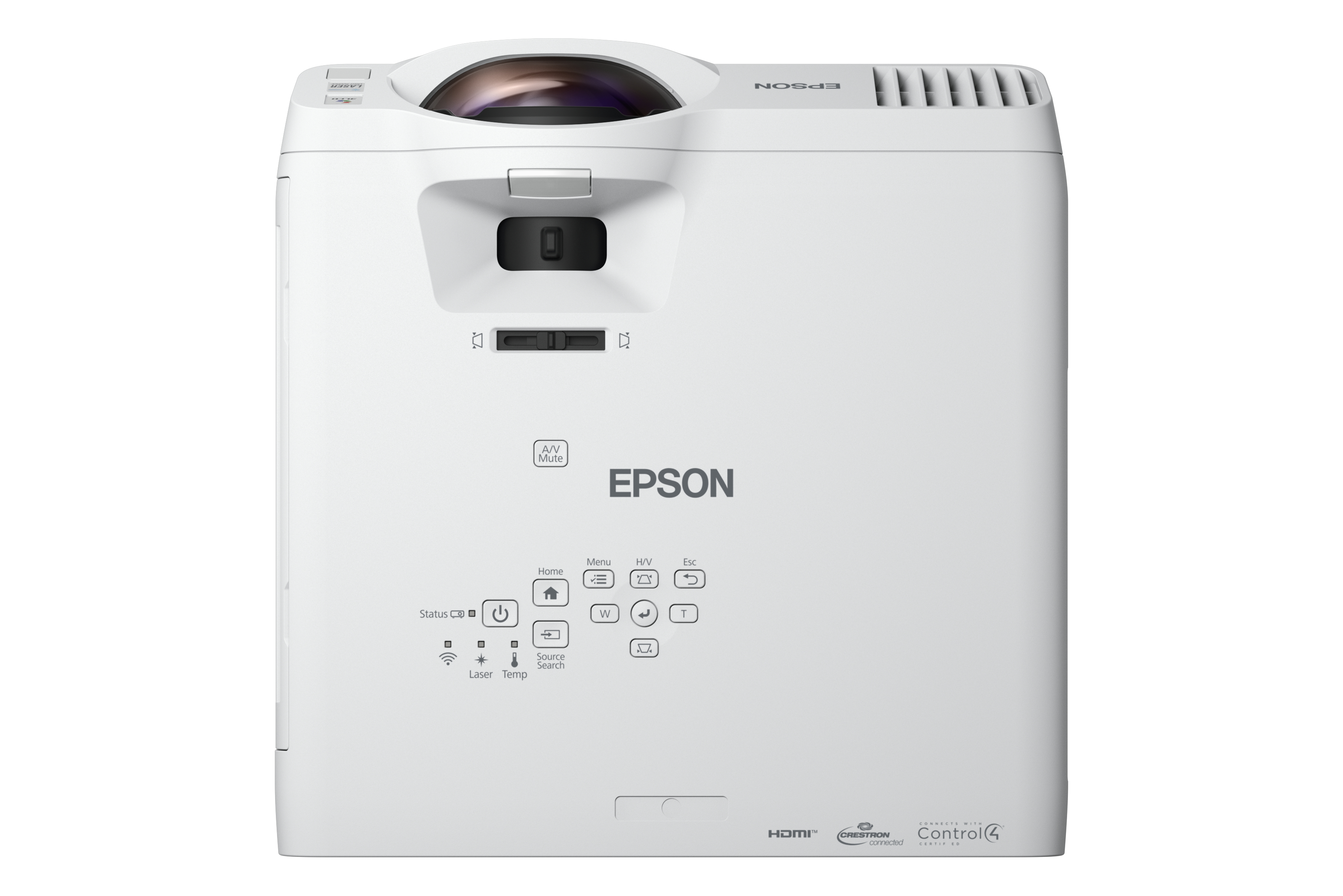 Un proiettore bianco con pulsanti e lente. C'è la scritta 'EPSON' sul davanti.