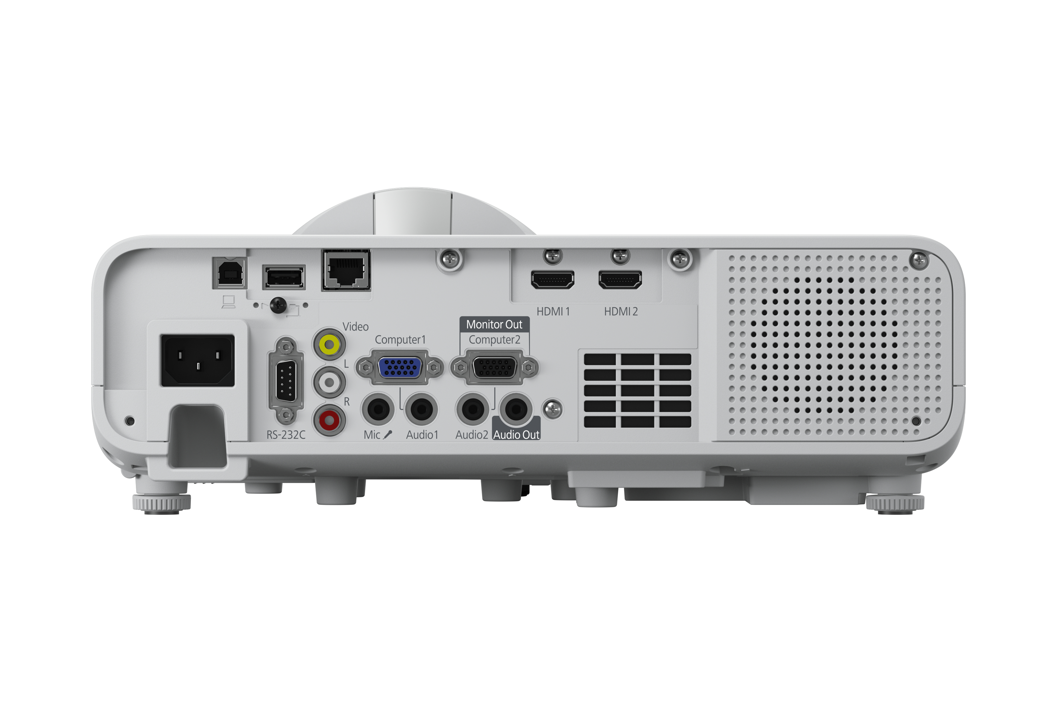 Retroproiettore bianco con porte: alimentazione, RS-232C, video, computer, audio e HDMI. Griglia di ventilazione.