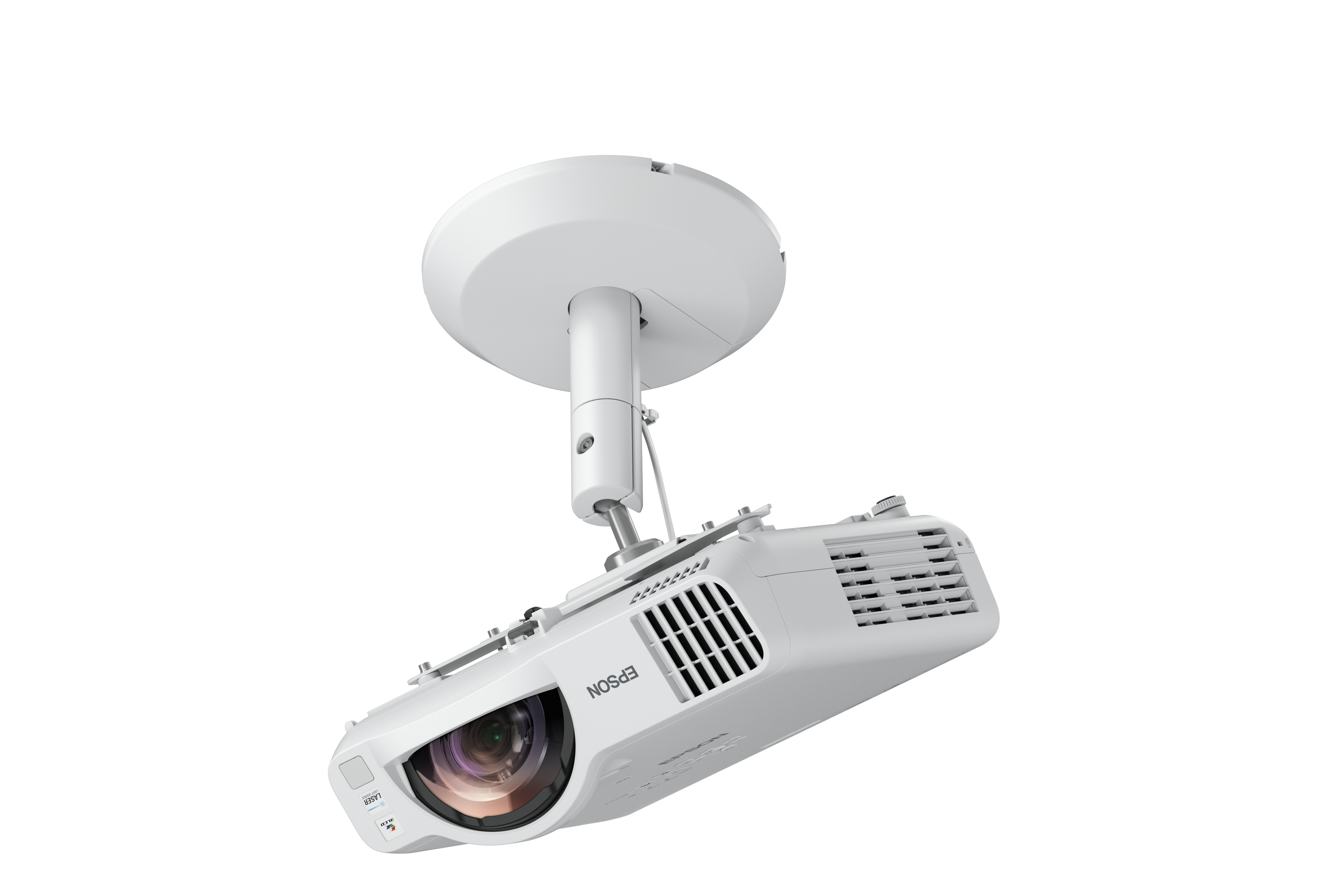 Proiettore Epson bianco sospeso al soffitto. Lente visibile, con ventola nera e logo EPSON.