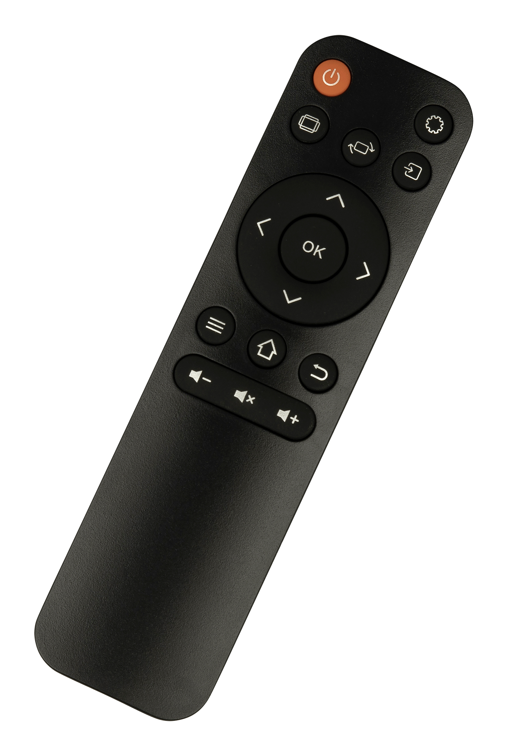 Télécommande noire avec divers boutons, sur fond blanc. Bouton d'alimentation orange.