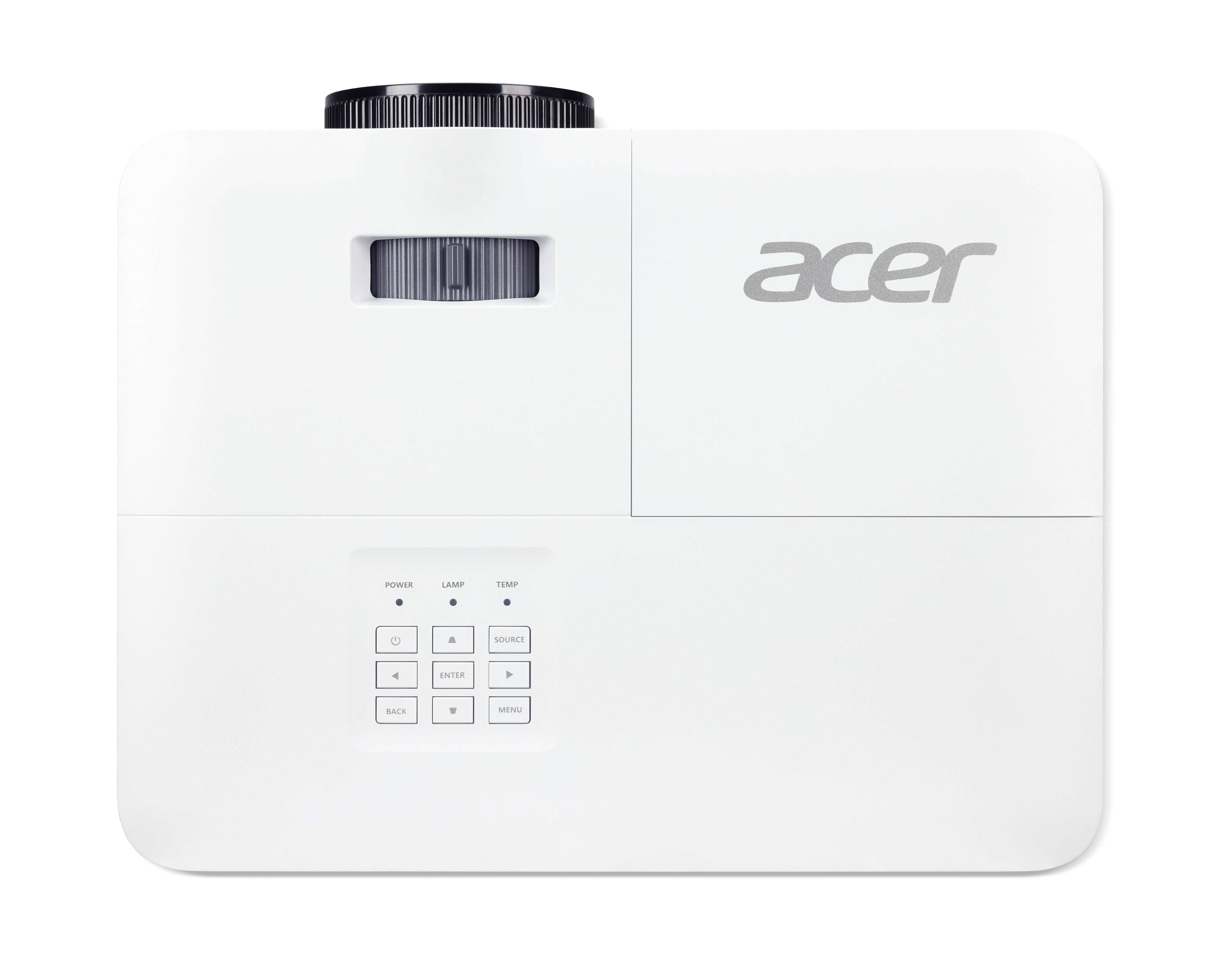 Weißer Acer-Projektor mit Knöpfen und Linse. Acer-Logo auf der Vorderseite.
