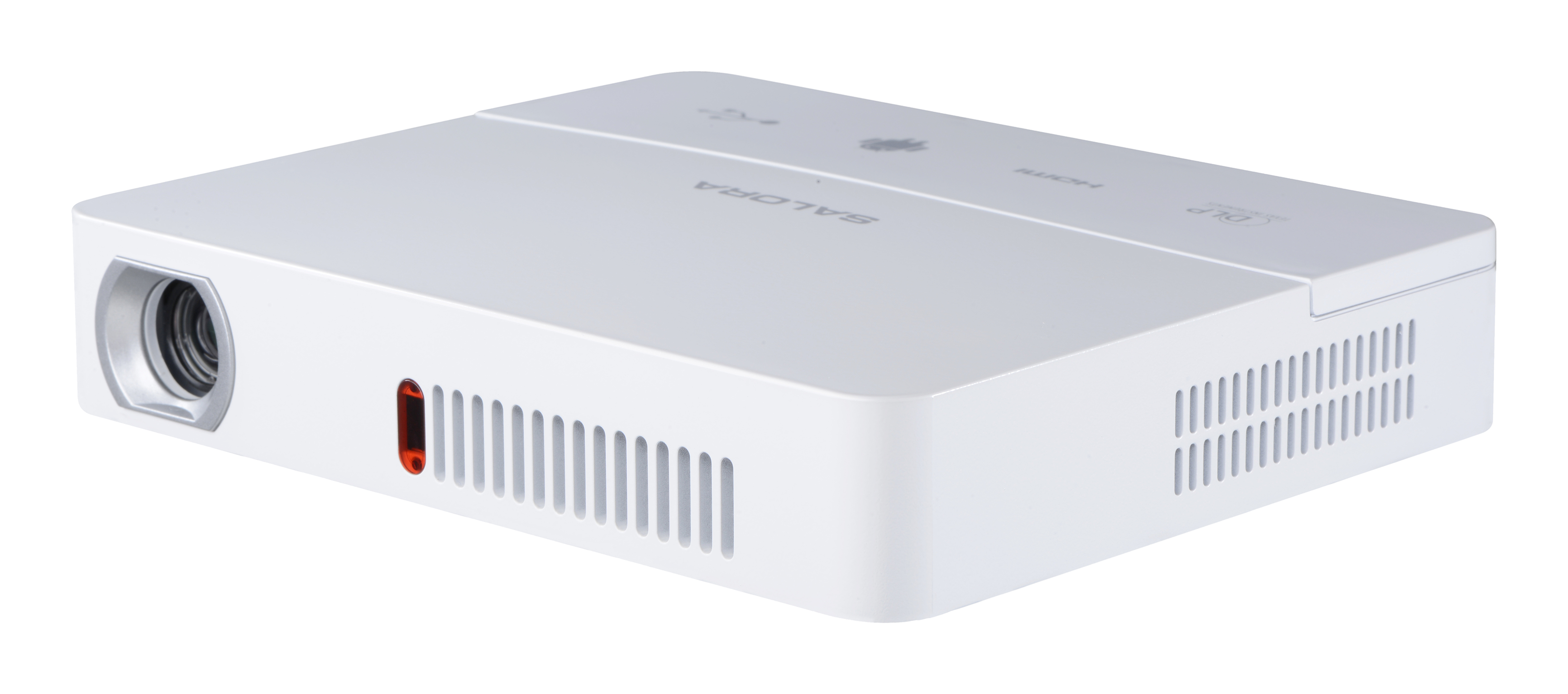 Projecteur Salora blanc. Vue latérale montrant l'objectif, les ventilations et les ports.