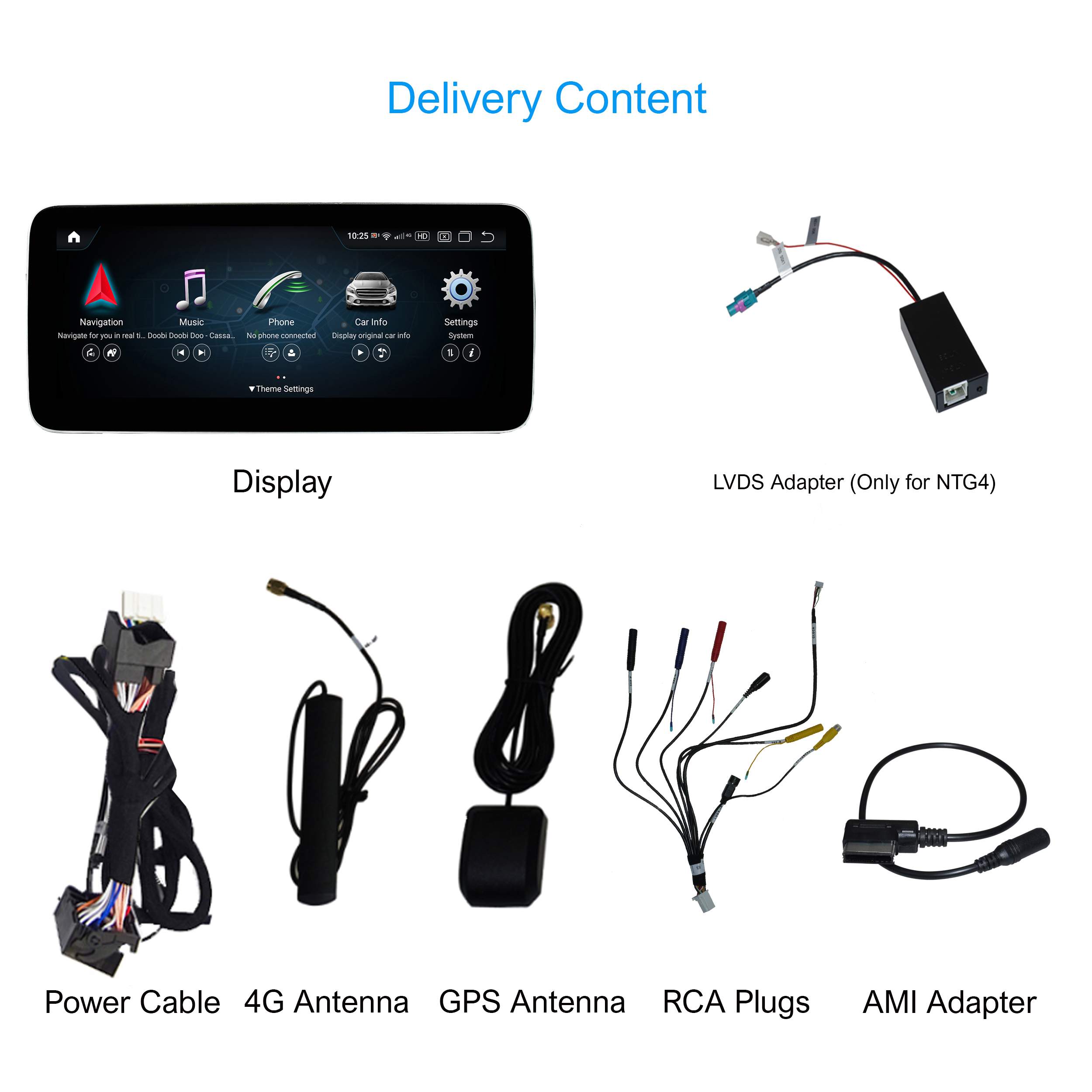 Verschiedene Autokomponenten, ein Display, Kabel und Adapter, beschriftet mit 'Lieferumfang'.