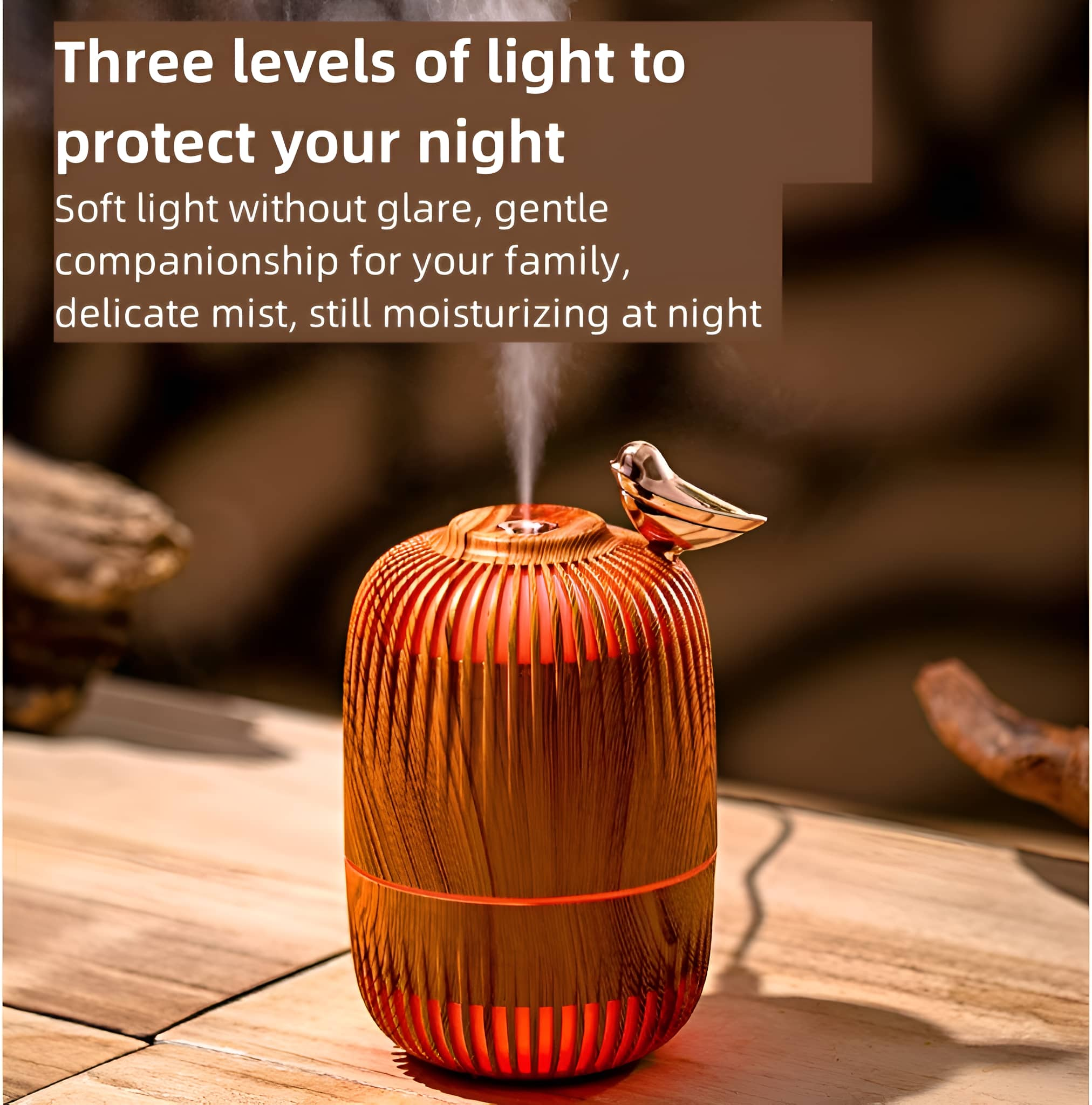Diffusor mit Holztextur, Vogelornament, Dampf ausstoßend, Text über Lichtstufen.