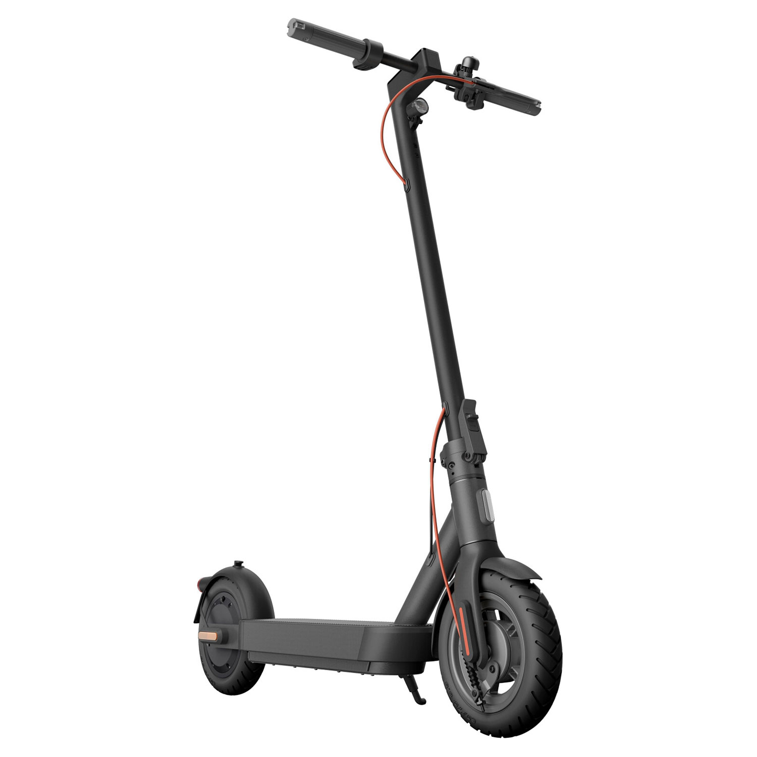 Czarny i szary skuter elektryczny, widok z boku, na białym tle.