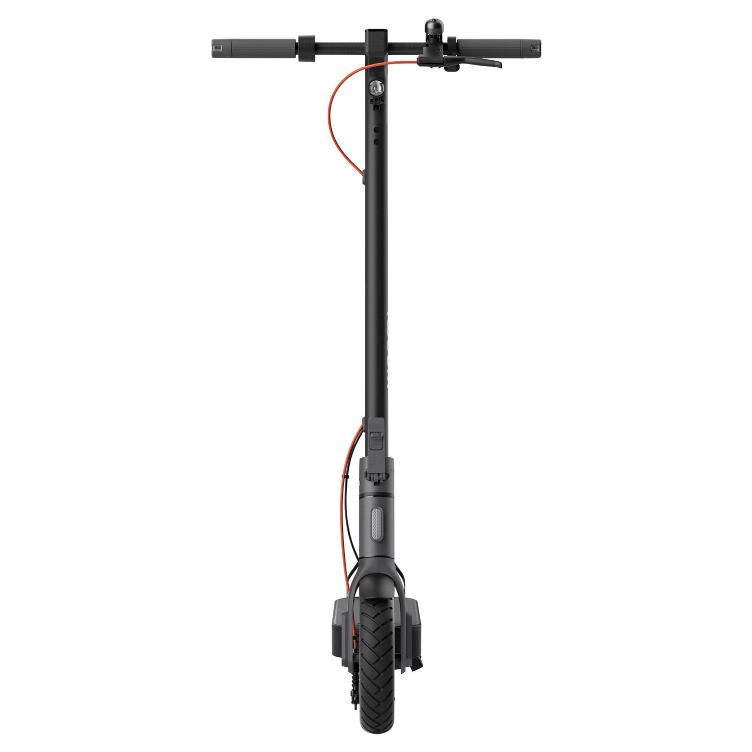 Czarna hulajnoga elektryczna z góry. Pomarańczowy kabel jest widoczny.