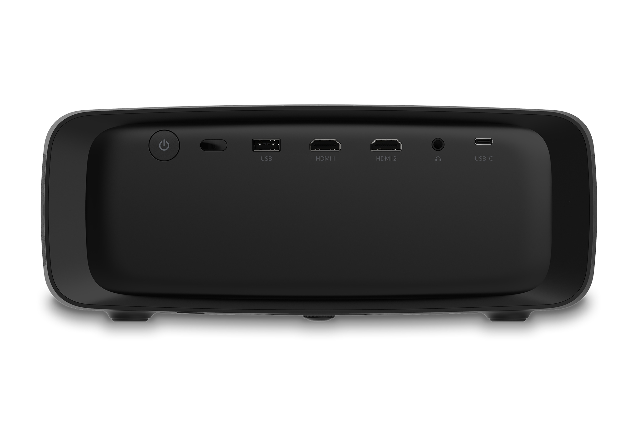Un dispositivo nero con porte USB, HDMI e altro. È su sfondo bianco.