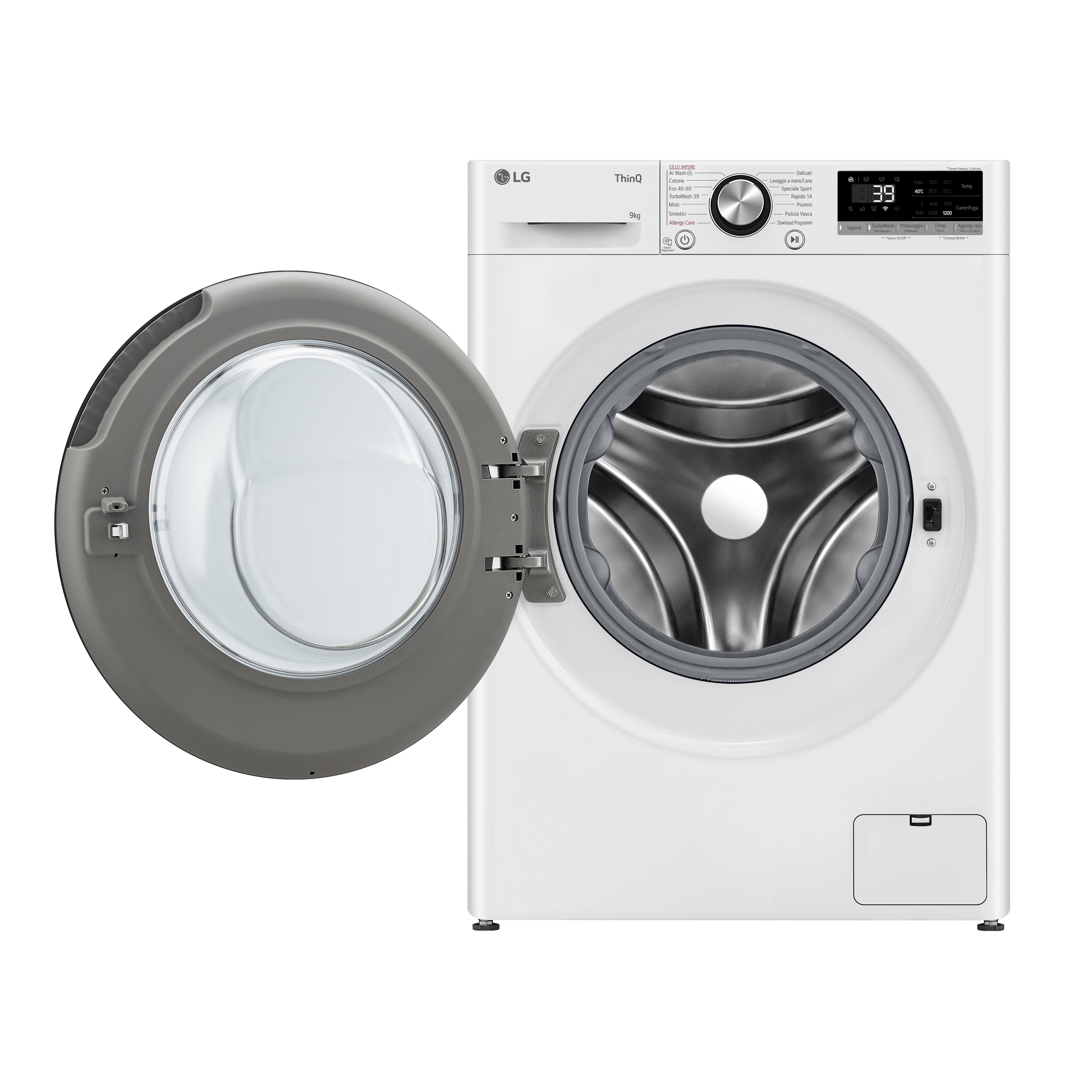 Lavatrice LG bianca con porta aperta, mostra il cestello, su sfondo bianco.