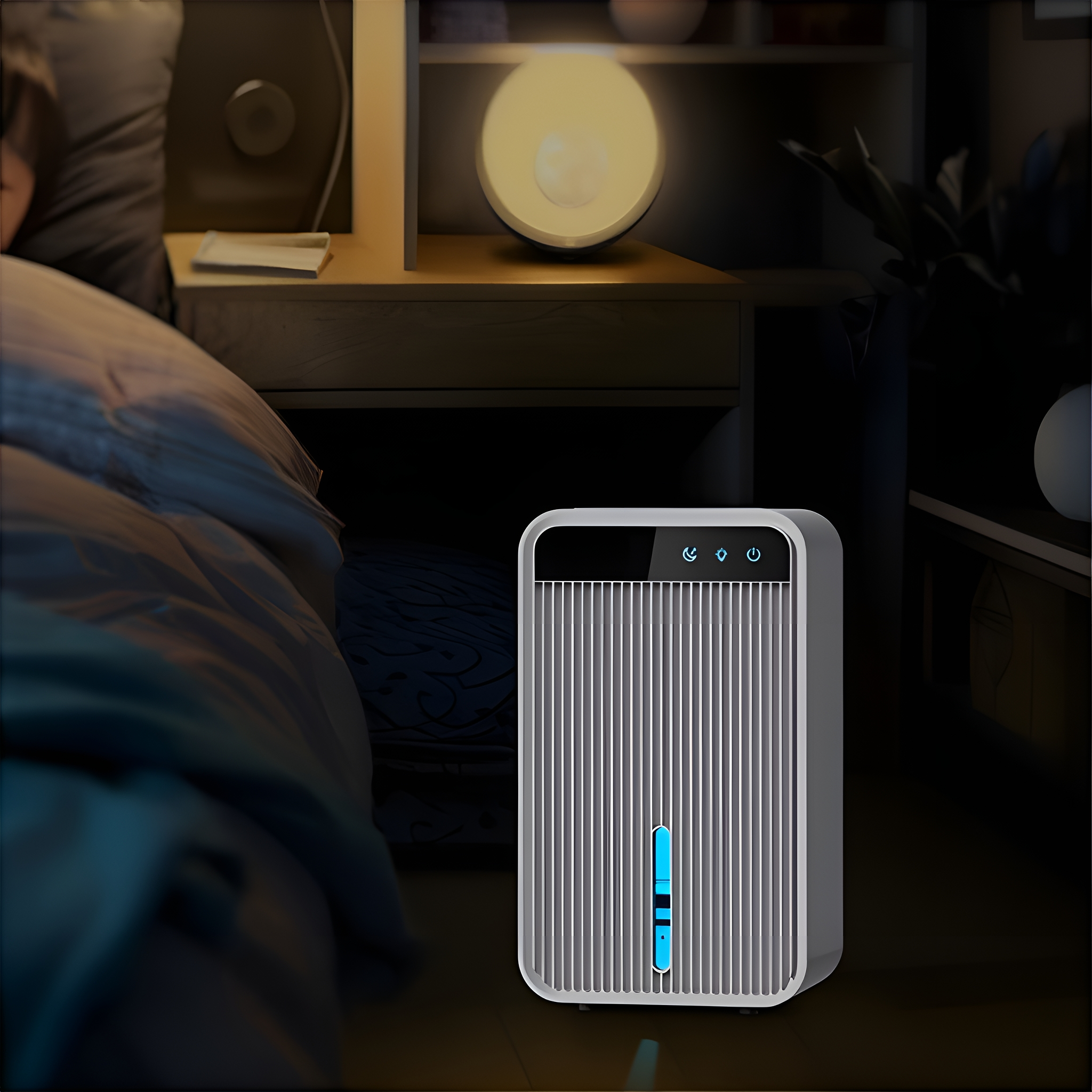 Schlafzimmer bei Nacht. Ein Luftreiniger im Vordergrund, eine Nachttischlampe im Hintergrund.
