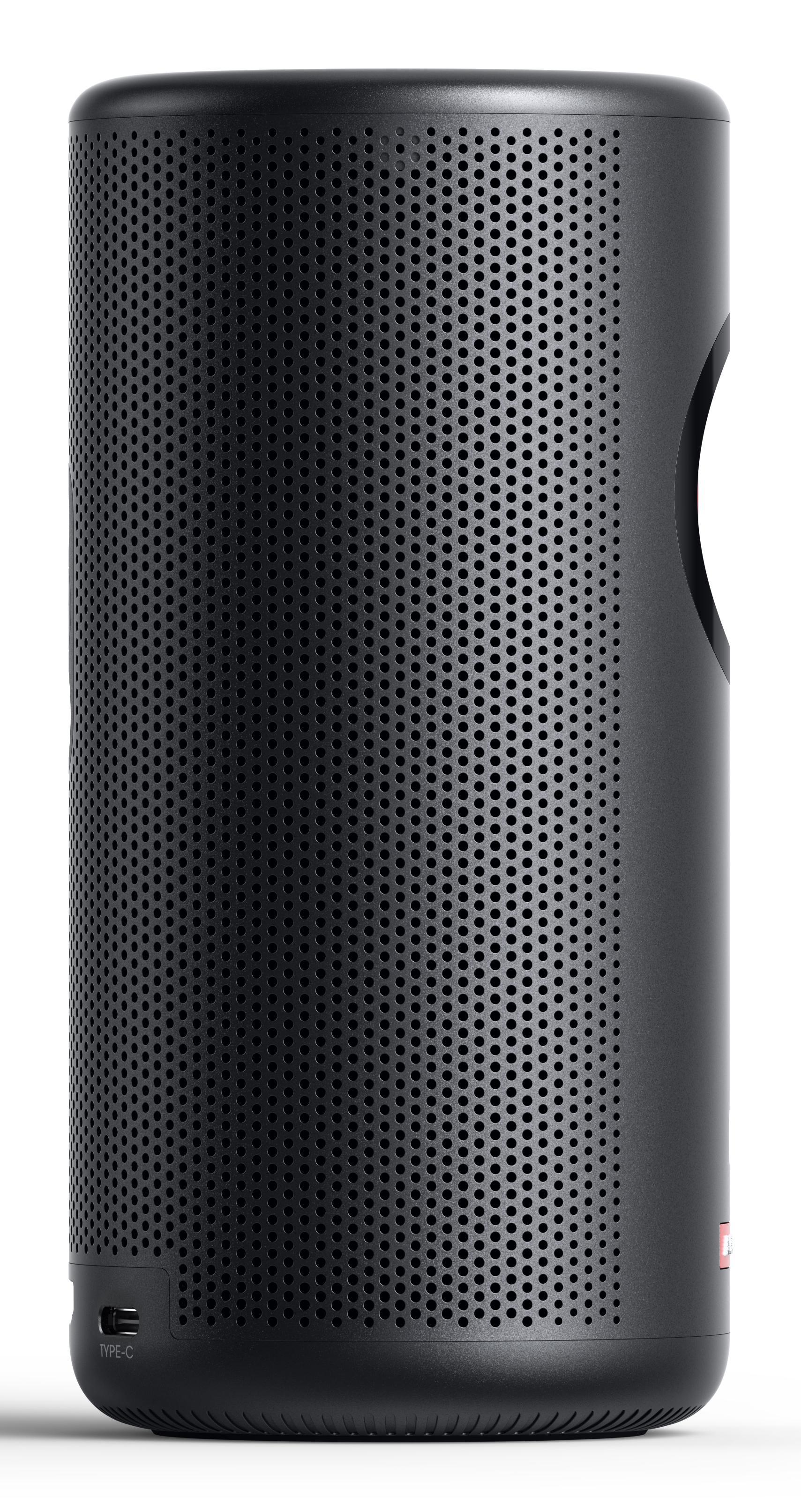 Czarny głośnik z wieloma małymi otworami. Ma czerwony akcent i port Type-C.