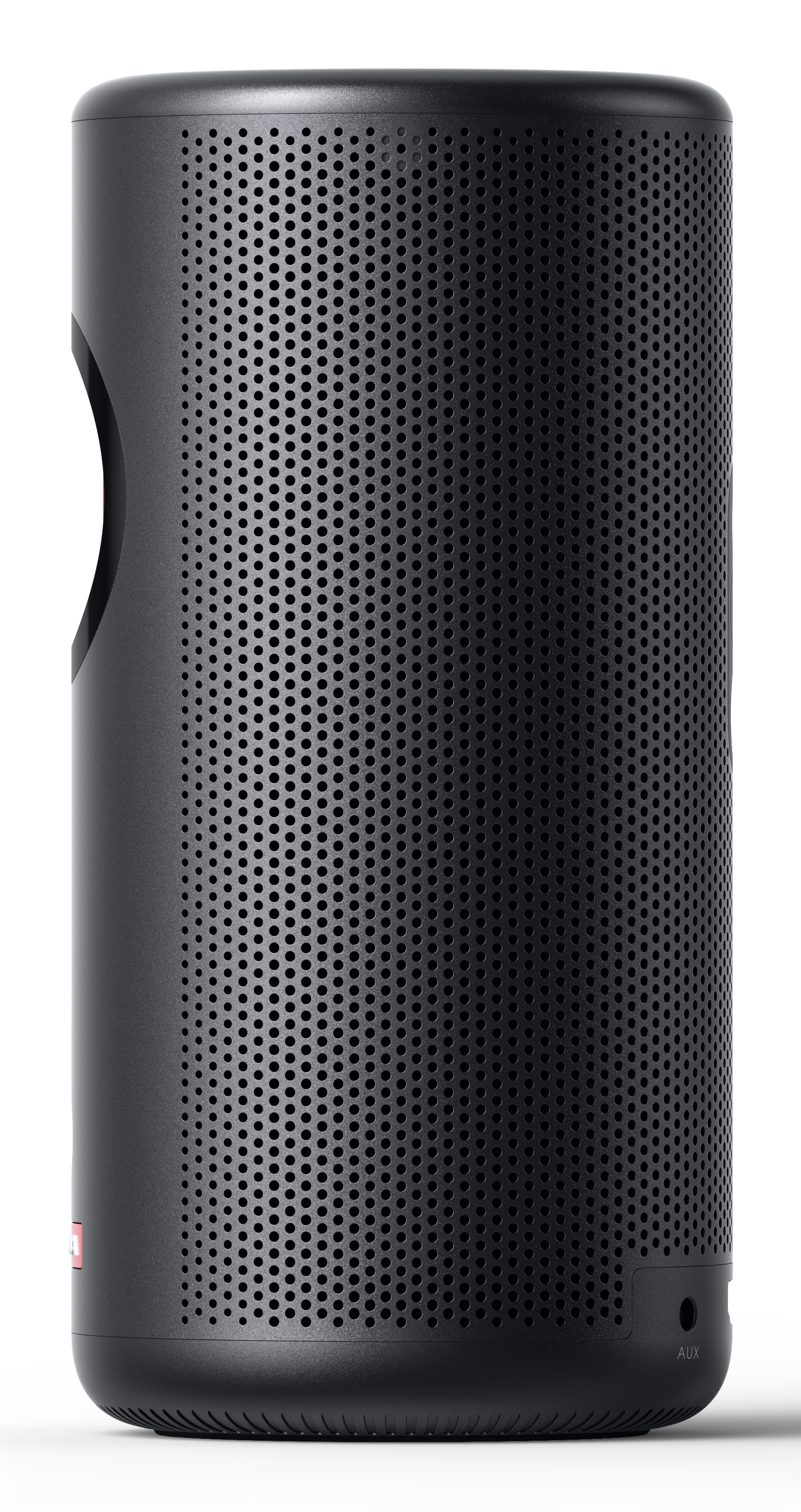 Czarny, cylindryczny głośnik z perforowaną konstrukcją i portem AUX.