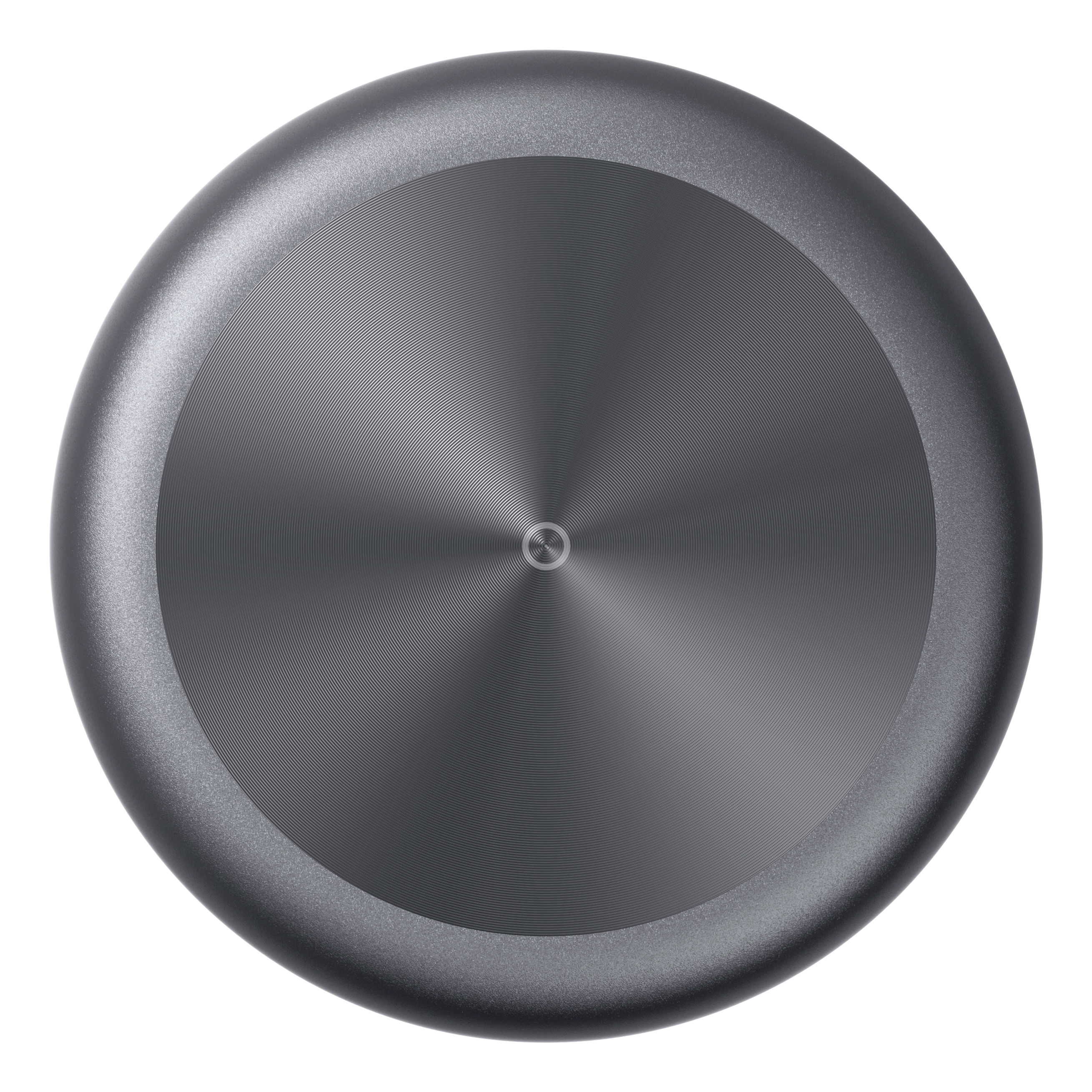 Okrągły, ciemnoszary metaliczny obiekt ze współśrodkowymi okręgami na białym tle.