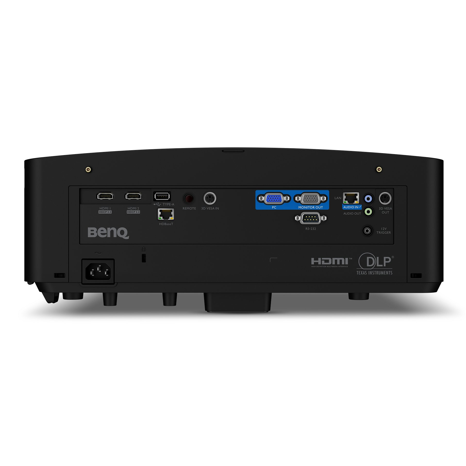 Proyector BenQ negro, vista trasera. Muestra varios puertos de entrada y conectores.