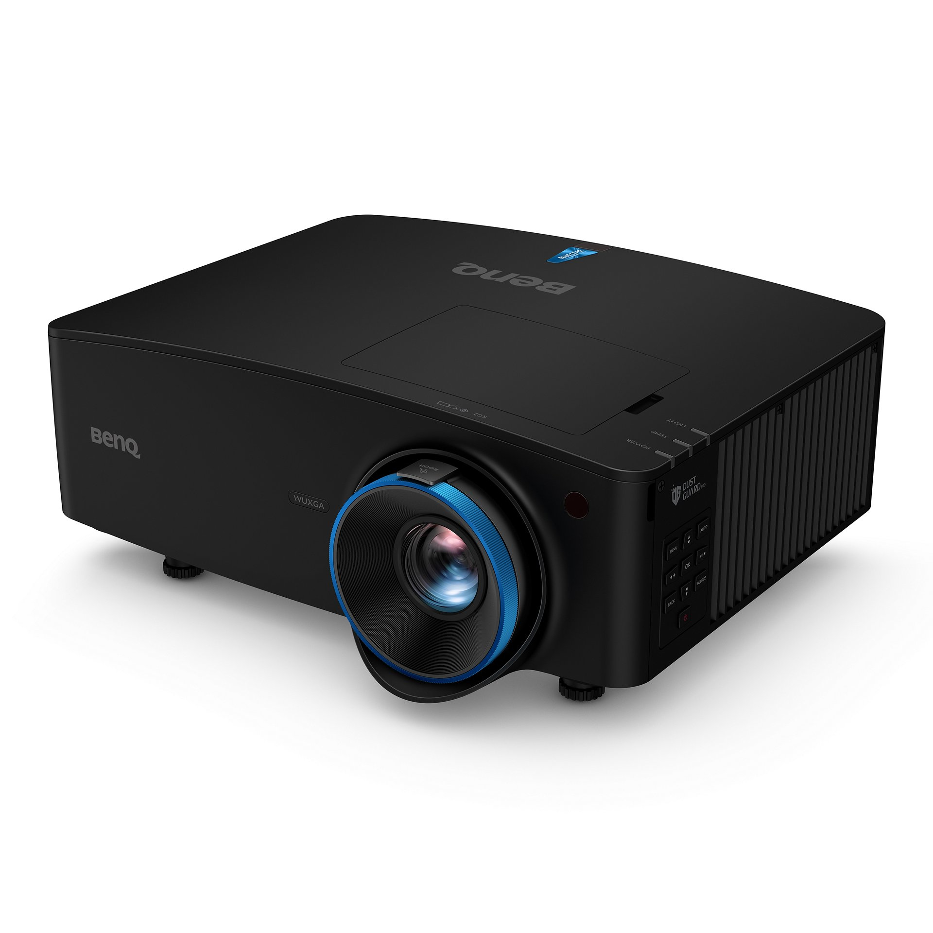 Proyector BenQ negro con anillo azul alrededor de la lente. Cuerpo negro y botones.