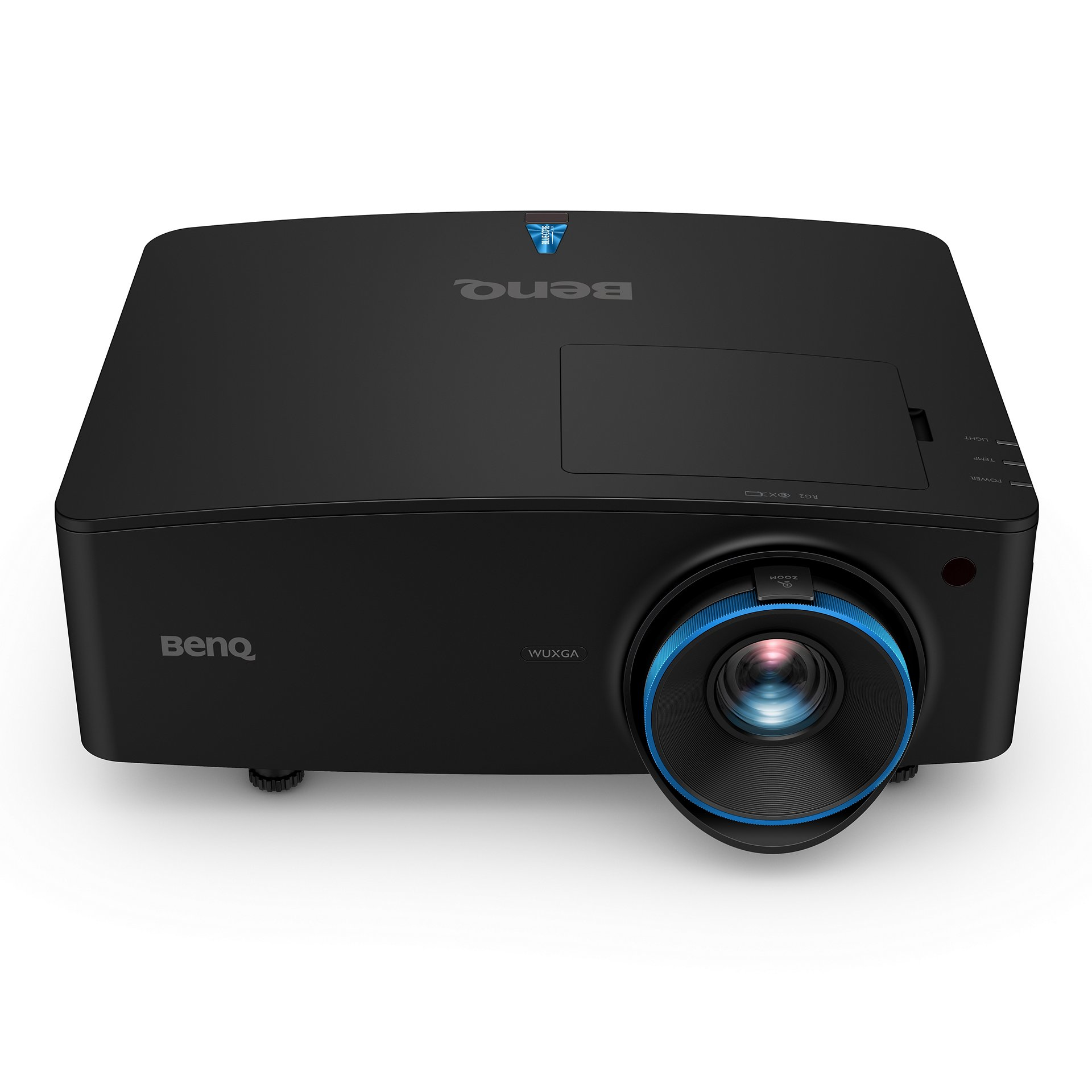Proyector BenQ negro. Acentos azules en la lente. Fondo blanco.