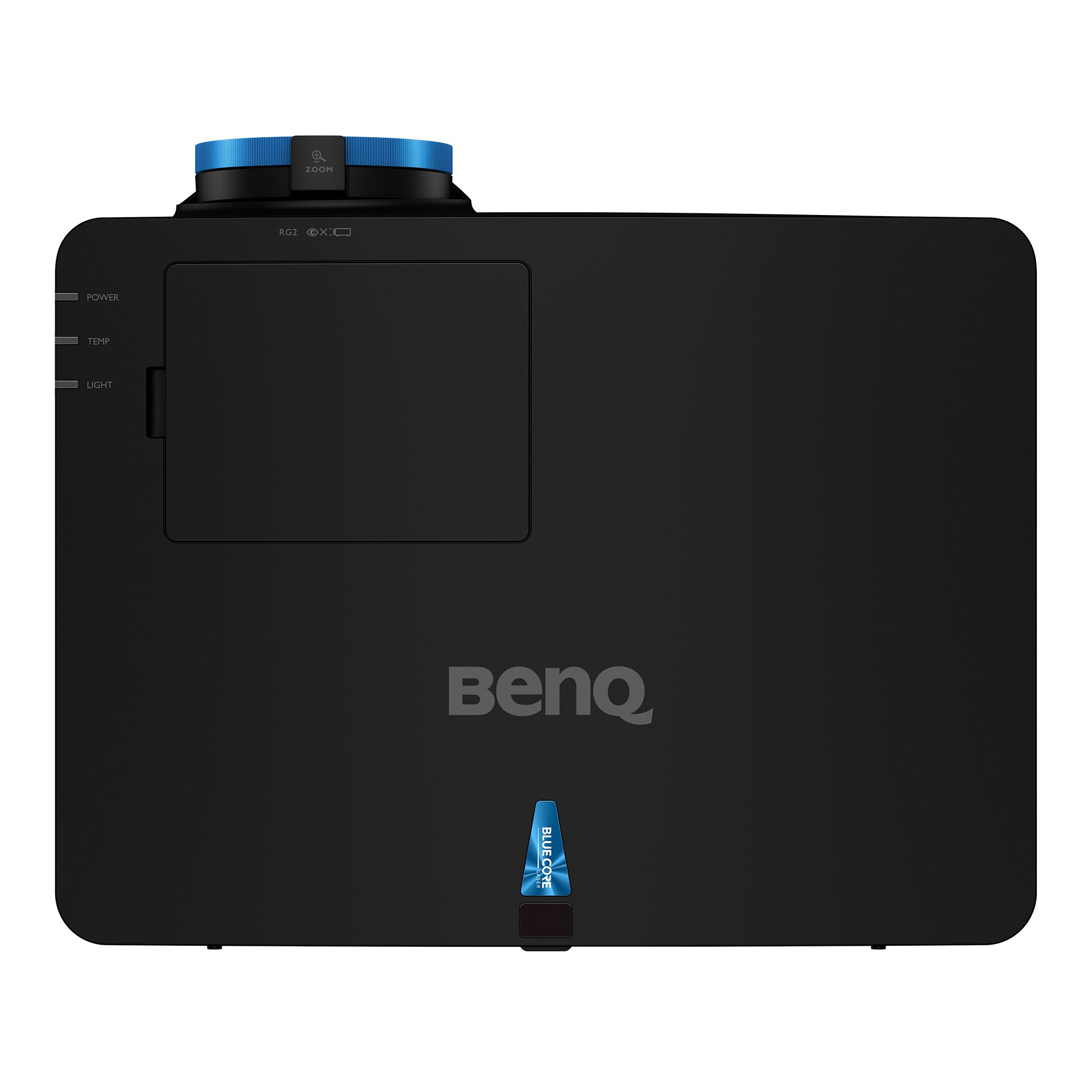 Proyector BenQ negro. Incluye botones y lente. Logotipo azul.