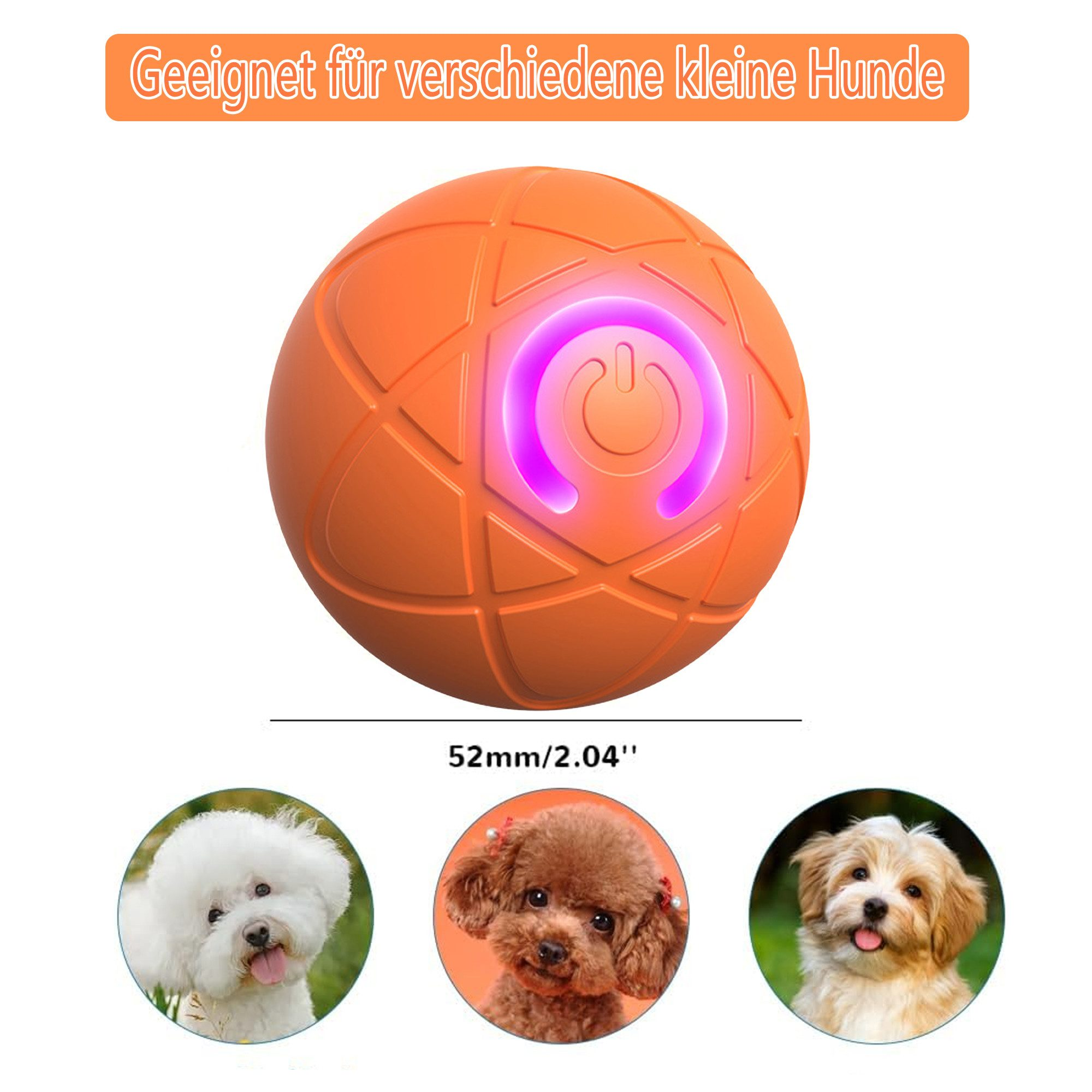 Orangenes Hundespielzeug mit leuchtendem Zentrum und drei kleinen Hundeporträts.