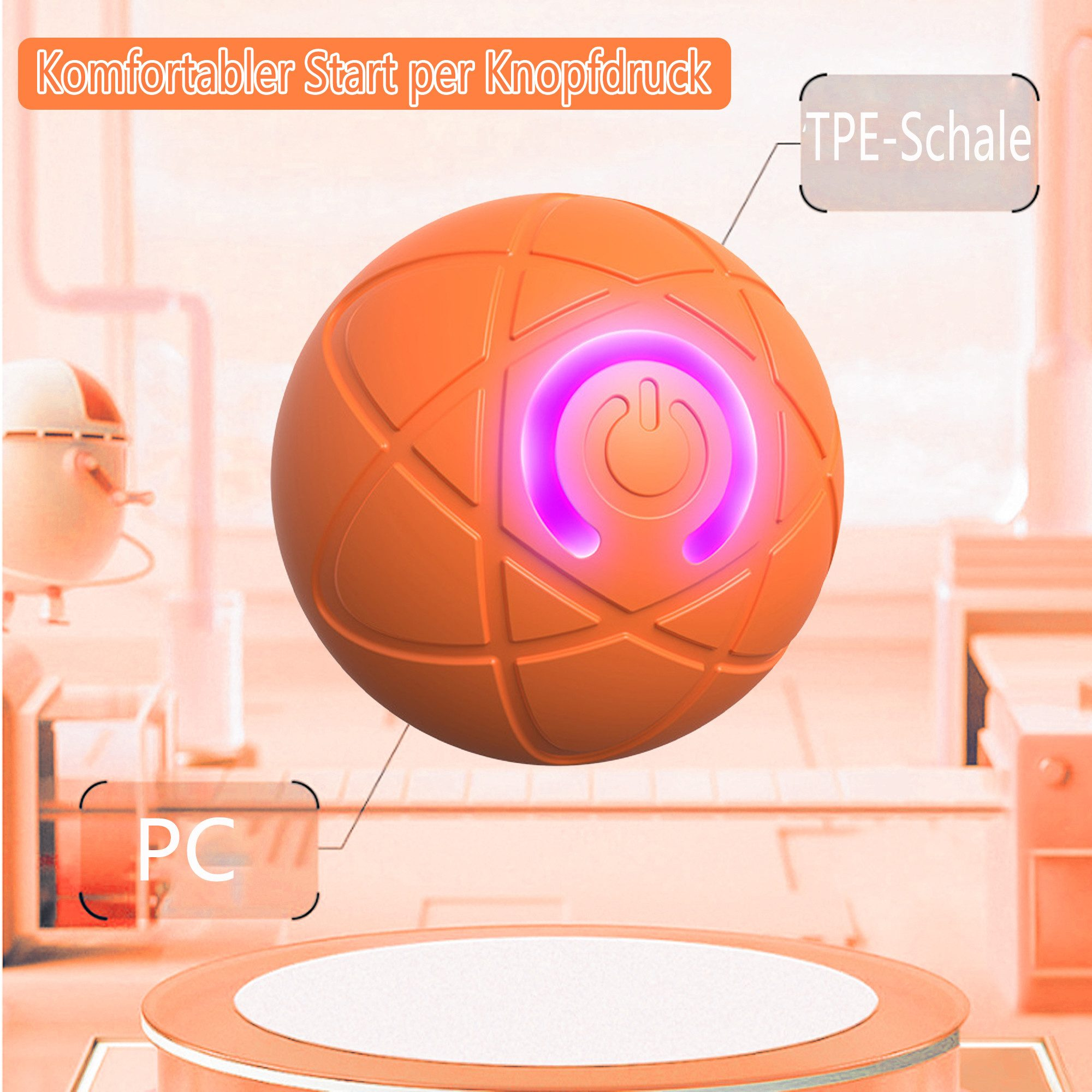 Ein orangefarbener Ball mit leuchtendem Power-Knopf, beschriftet mit Text und einer Basis.