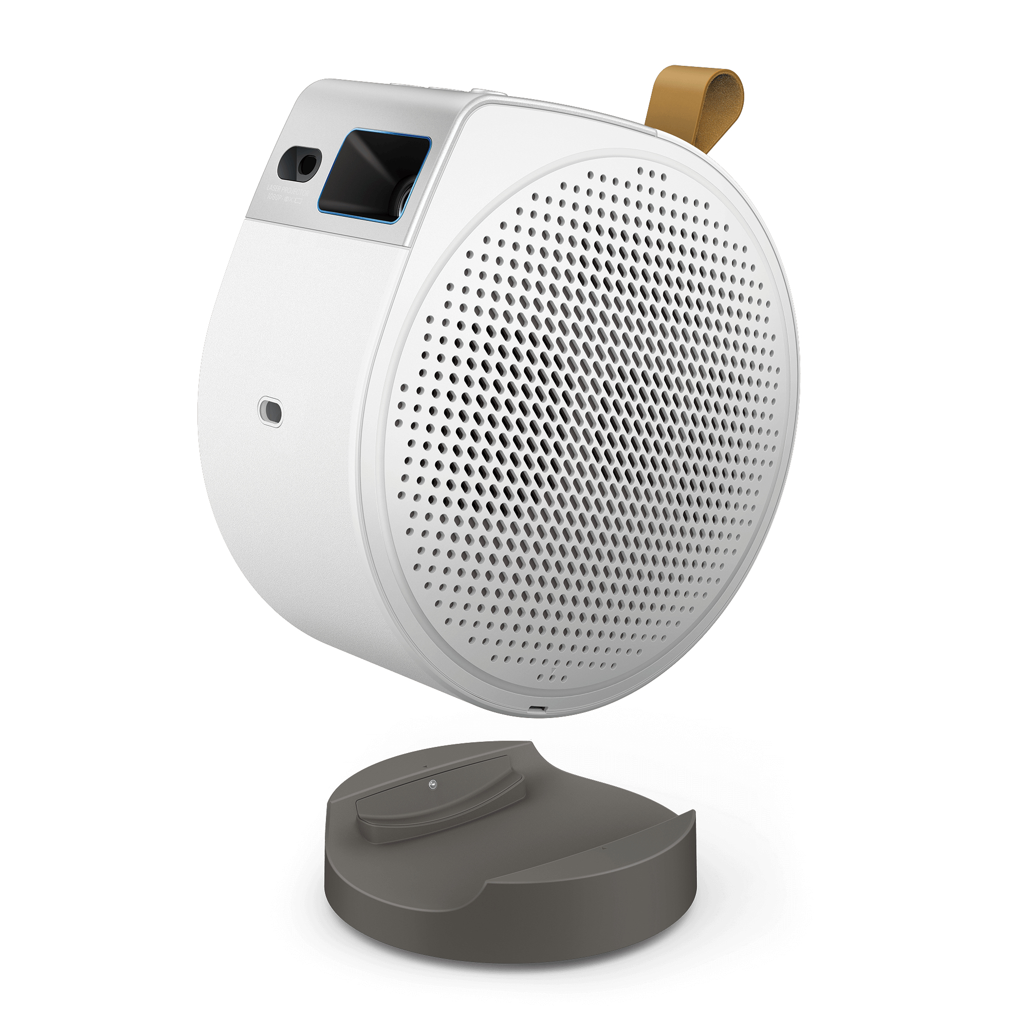 Biały, okrągły głośnik z szarą podstawą. Ma brązowy pasek. Głośnik ma czarny ekran do wyświetlania.