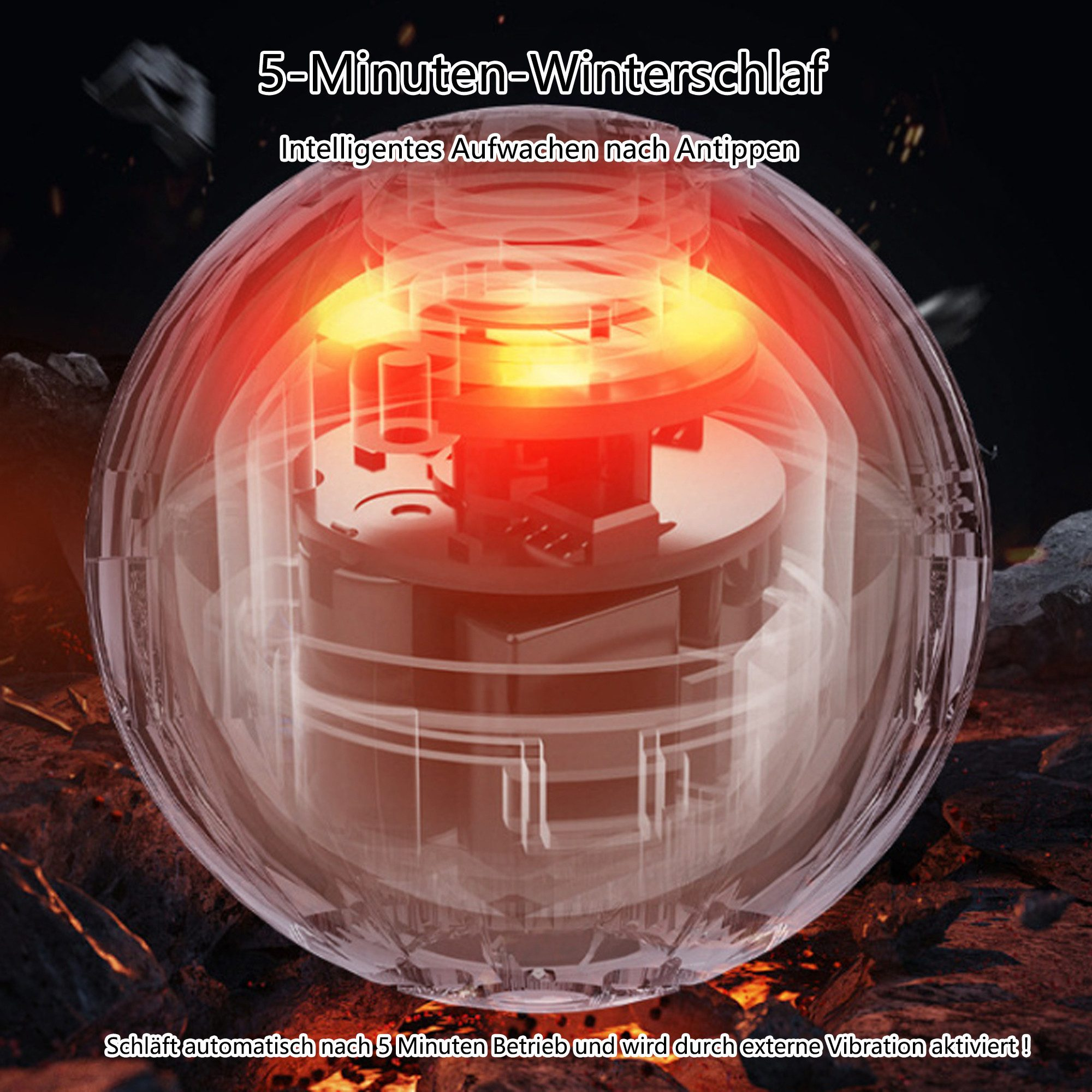 Ein leuchtender Orb mit rotem Licht. Text: 5-Minuten-Winterschlaf, Intelligentes Erwachen. Schwarzer Hintergrund.