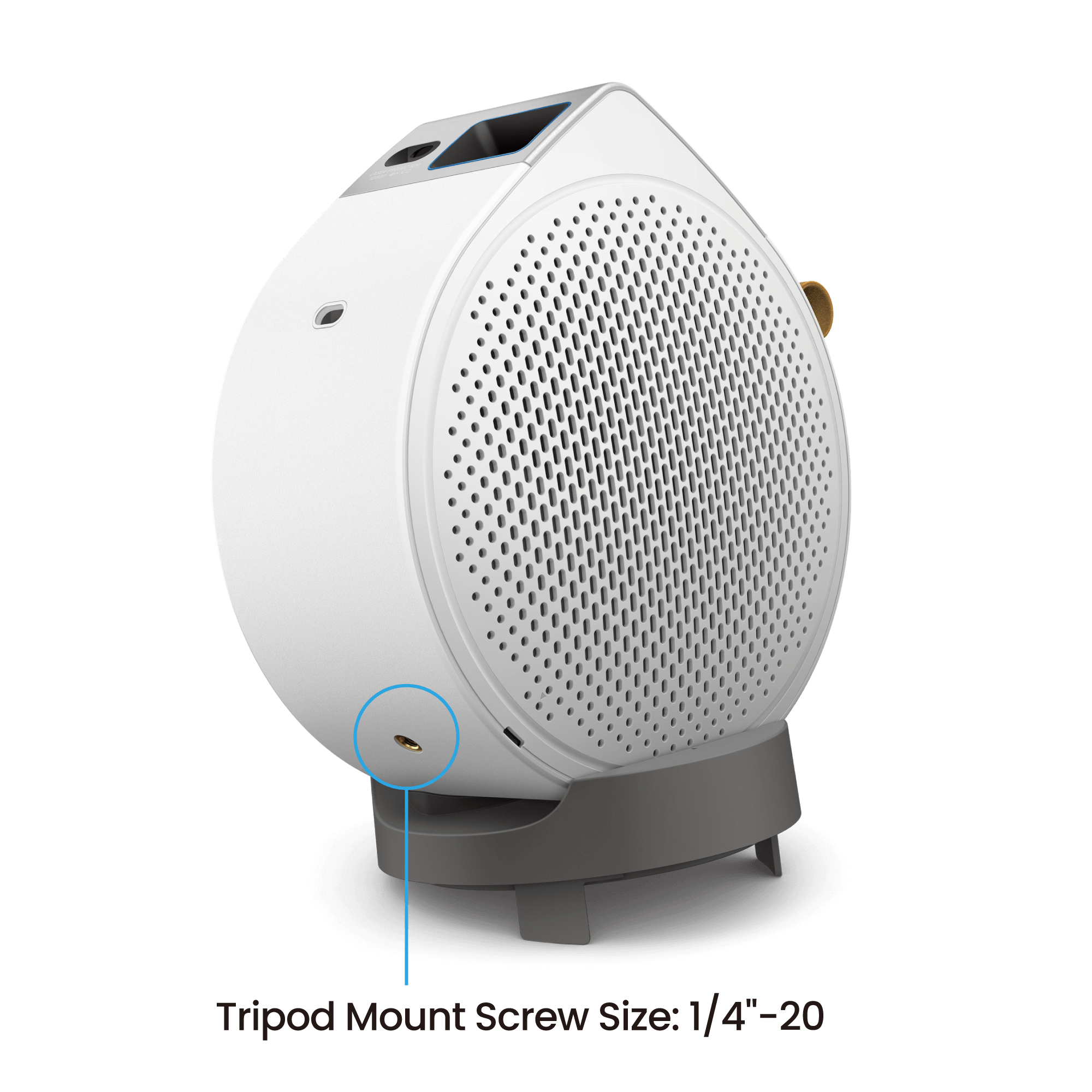 Białe, zaokrąglone urządzenie z czarną podstawą. Mocowanie śrubowe jest wskazane jako 'Tripod Mount Screw Size'.
