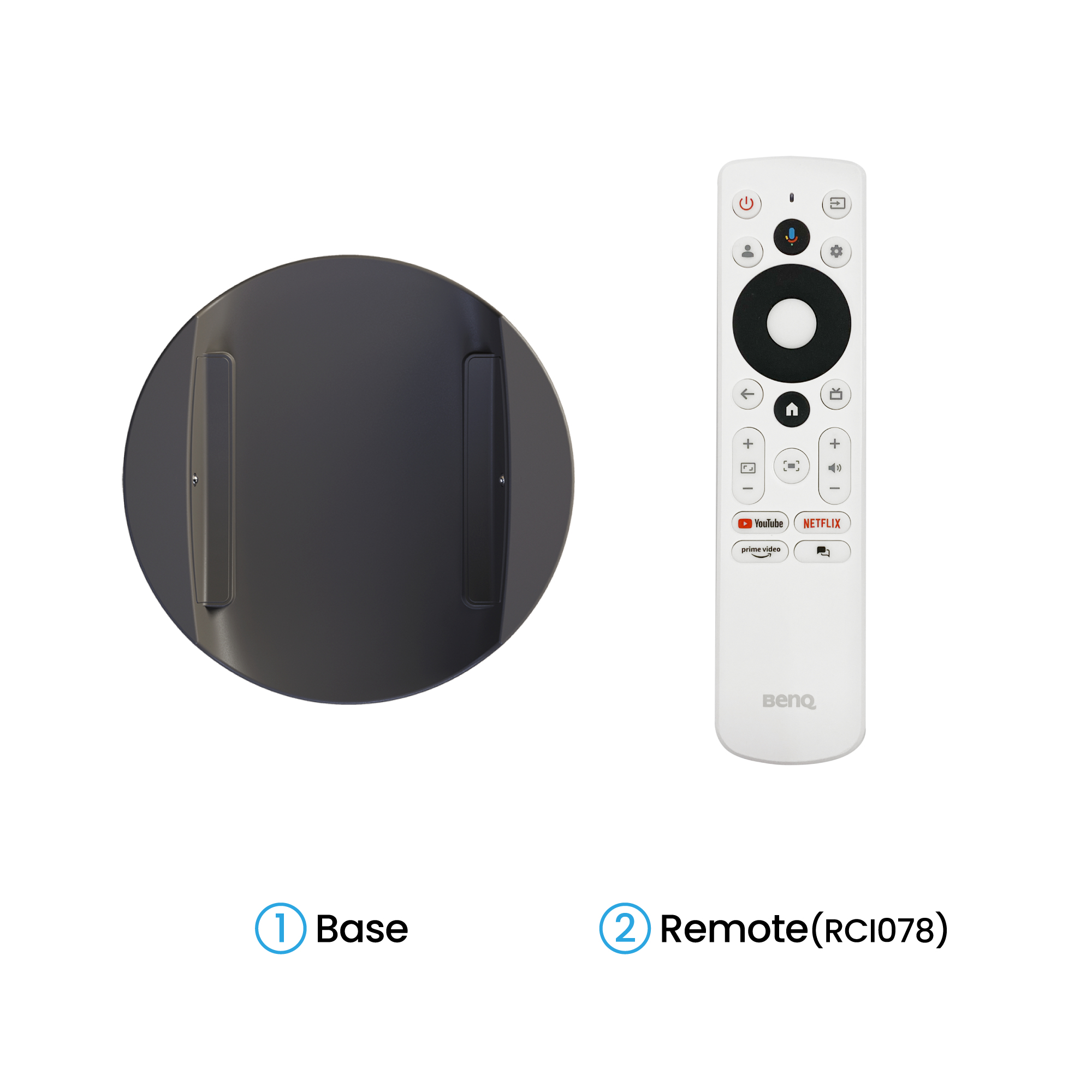 Czarna podstawa i biały pilot, z przyciskami, do urządzenia BenQ.